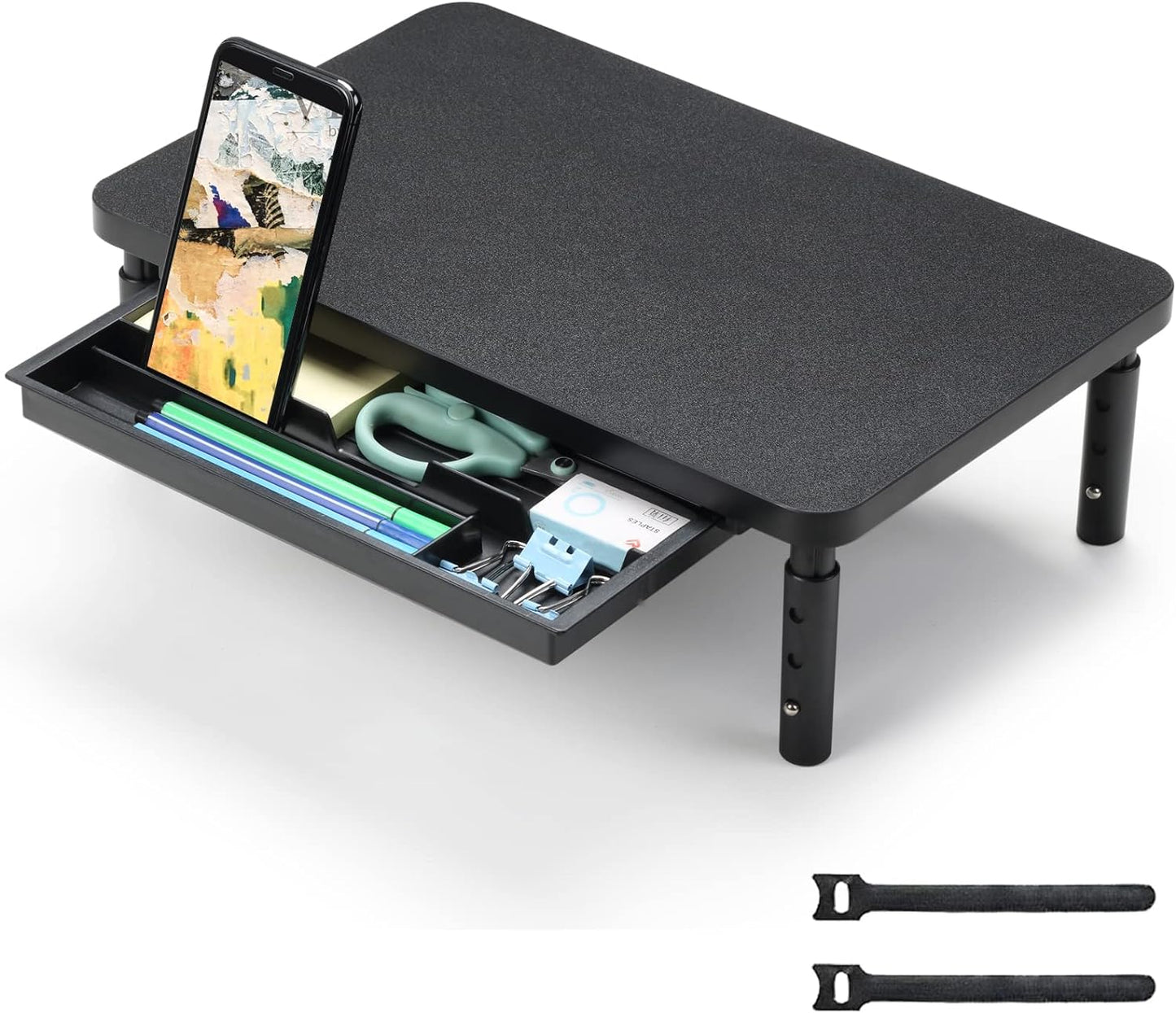 Height Adjustable Monitor Stand with Storage Drawer - Ergonomic Wood Desk Organizer for Office and Home