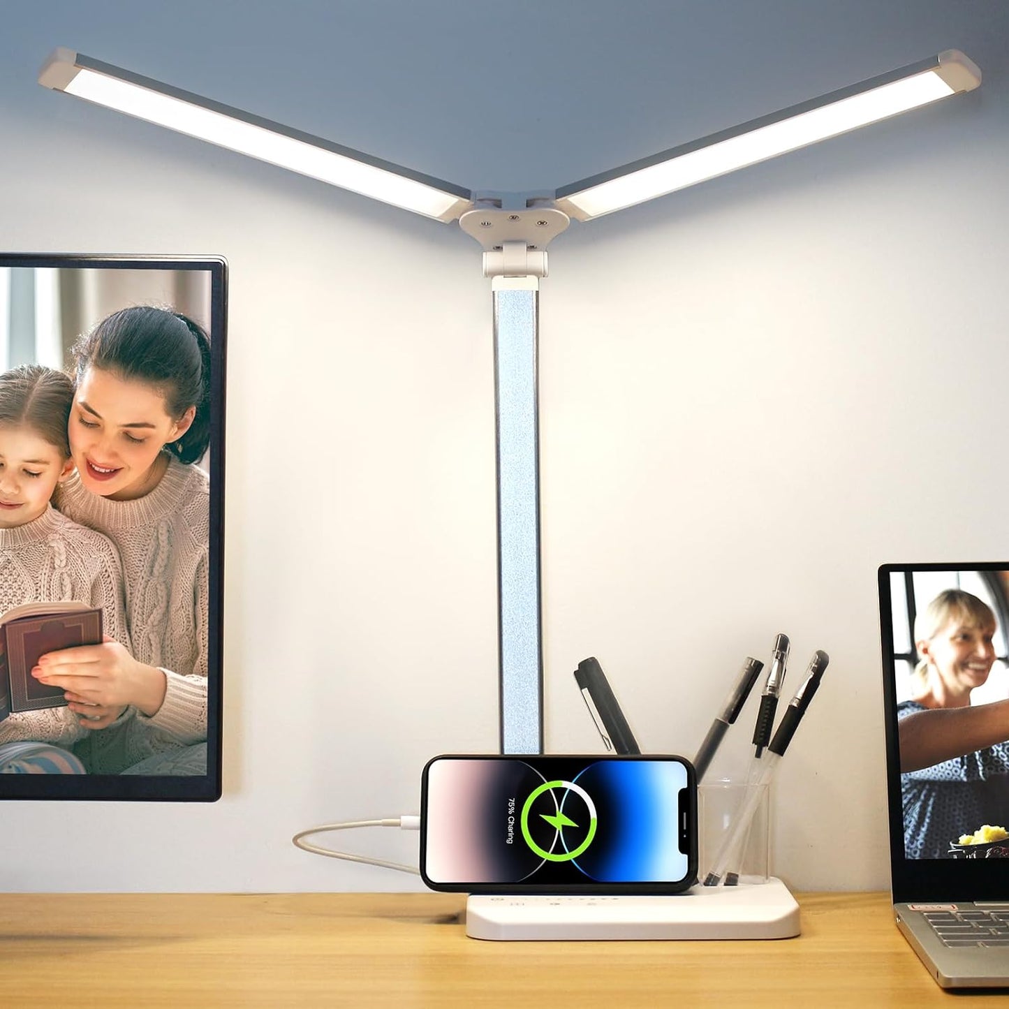 LED Desk Lamp with Touch Control, 5 Color Modes, Adjustable Brightness, Dual Swing Arm, USB Charging Port, Foldable Design, Auto Time, 5W