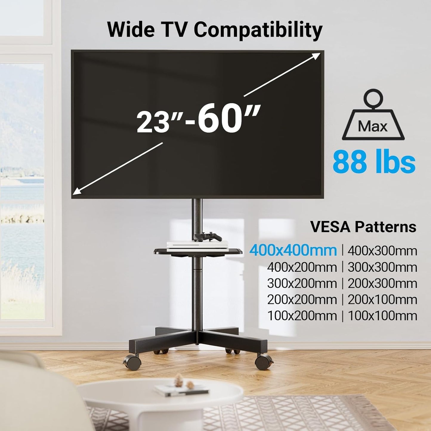 Mobile TV Cart for 23-60 Inch Screens Up to 88 lbs, VESA 400x400, Tilting Stand with Height Adjustable Laptop Shelf, Rolling Floor Stand