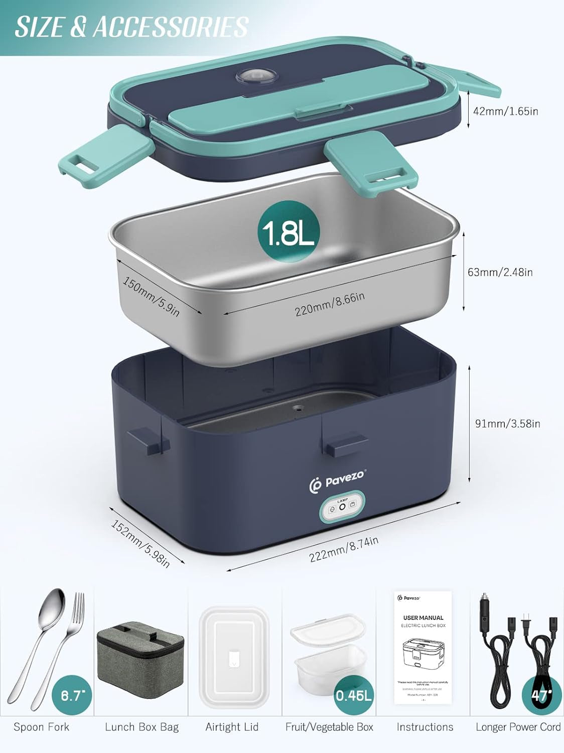 Electric Lunch Box - 80W Fast Heating, 1.8L Capacity, Multi-Voltage Food Warmer with Airtight Lid, Stainless Steel Container, Utensils, Carry Bag