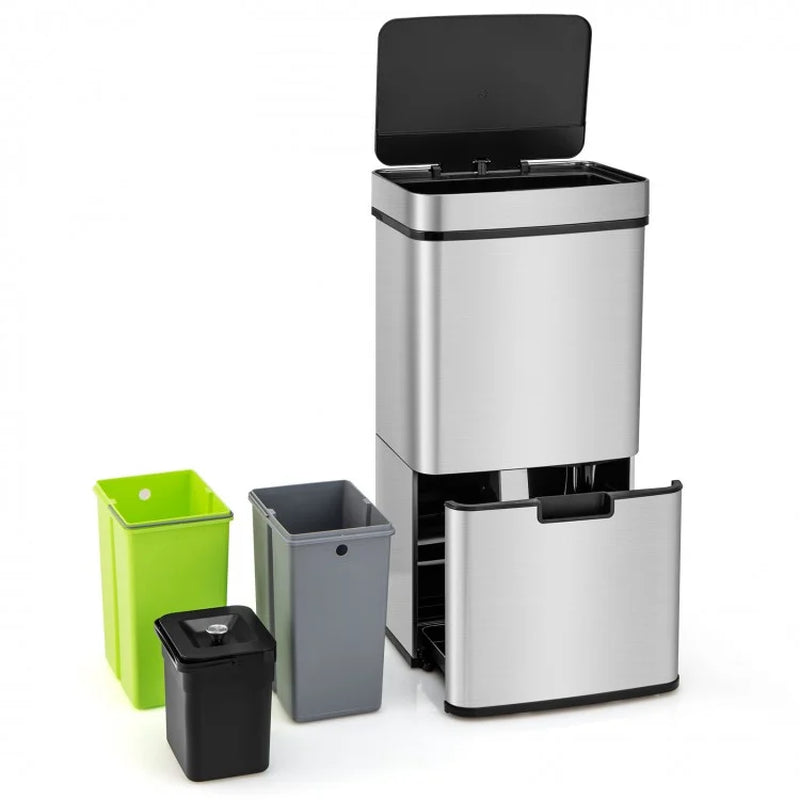 19-Gallon Stainless Steel Trash Can with Integrated Kitchen Waste Bin and Dual Bottom Recycling Compartments