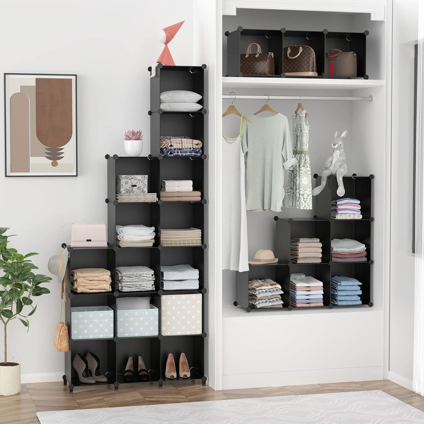 6-Cube Closet Organizer and Storage Shelf with Metal Hammer, Versatile Cabinet for Bedroom, Kitchen, and Closet, Black