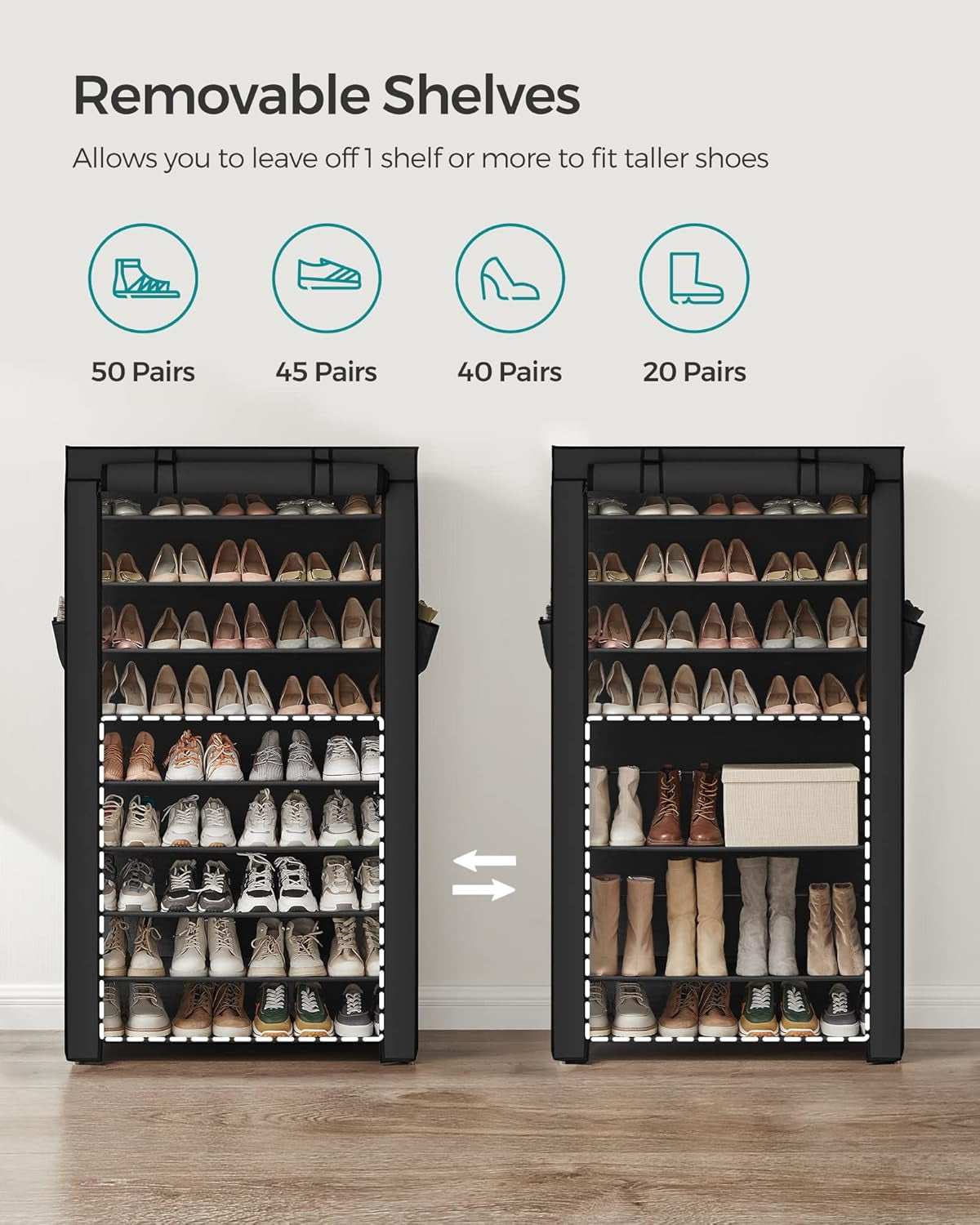 9-Tier Shoe Organizer with Nonwoven Fabric Cover - Storage Solution for 40-50 Pairs of Shoes, Black