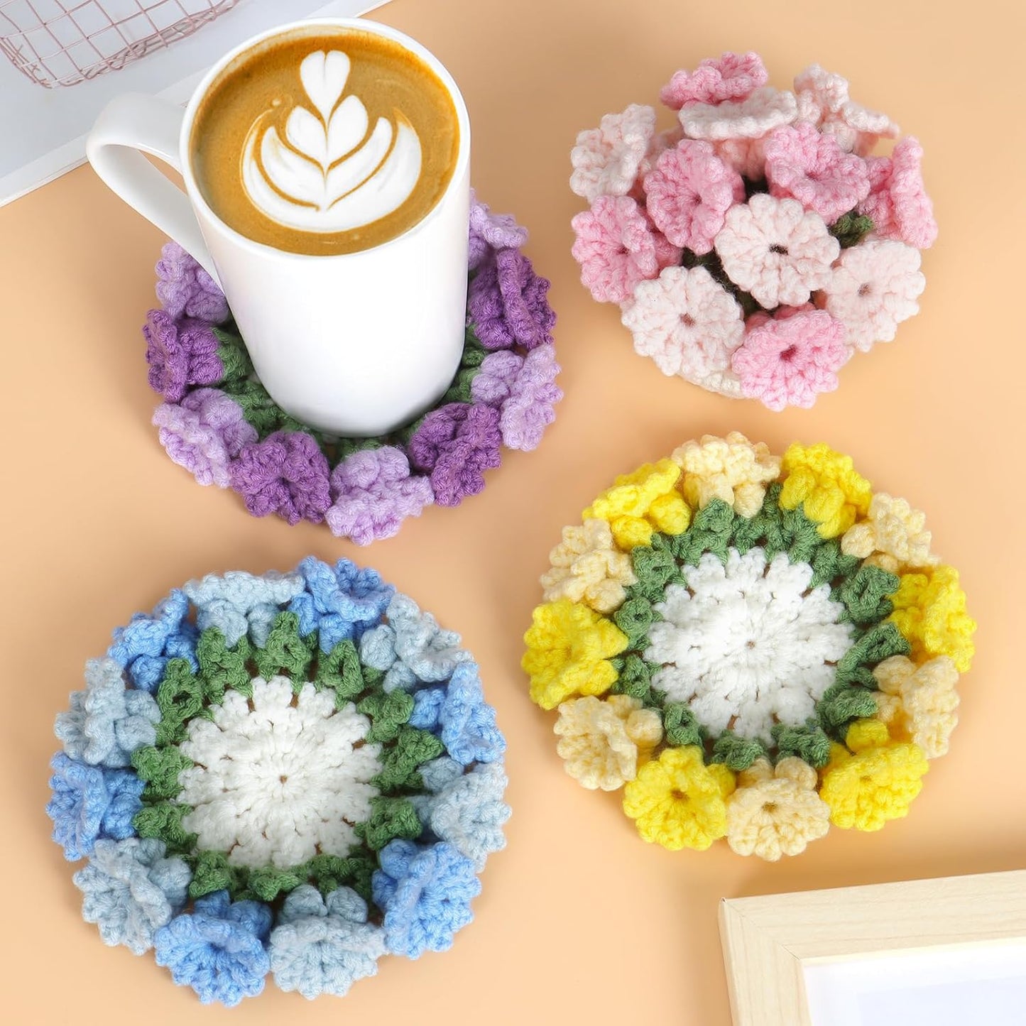 Beginner's Crochet Kit: 6-Piece Flower Potted Plant Coaster Set with Crochet Hook, Colorful Yarn, Stitch Marker, and Instruction Manual for Craft Enthusiasts