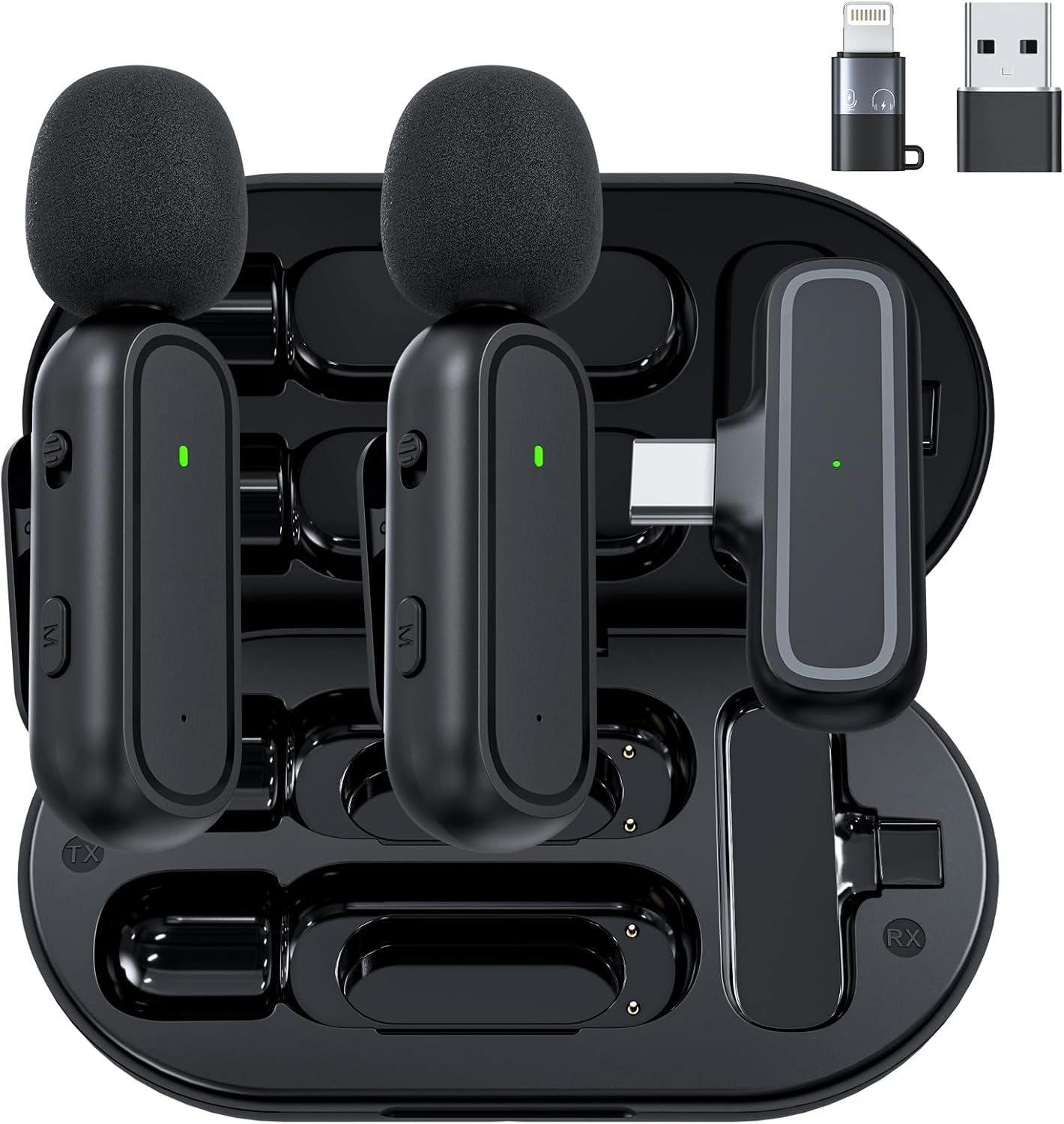 Dual Wireless Lavalier Microphone Set for Phone, iPad, Android - Charging Case, Jack Adapter, Noise Reduction, Plug-and-Play Clip-On Lapel Mic, YouTube, Recording, Vlogging, Facebook