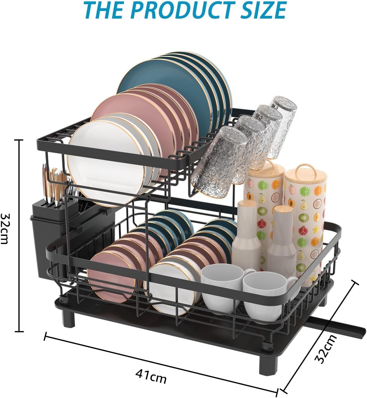 Large Double Layer Dish Drying Rack with Drainage Plate and Rotating Nozzle, Includes Tableware Rack and Cup Holder for Kitchen Counter