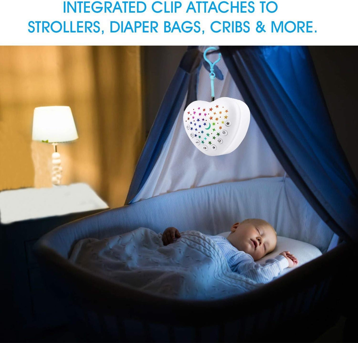 White Noise Machine Baby Sleep Soother - 15 Soothing Sounds, Projector Night Light, Cry Sensor, Rechargeable Battery, Portable Attachment