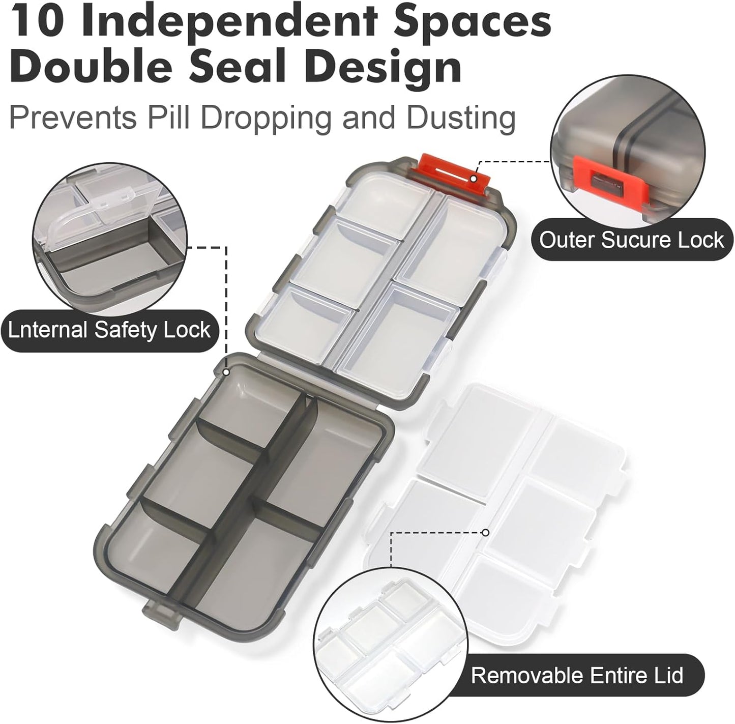 Portable Travel Pill Organizer with 260 Labels and 10 Compartments - Weekly Medication Container Case for Travel Essentials (Grey)