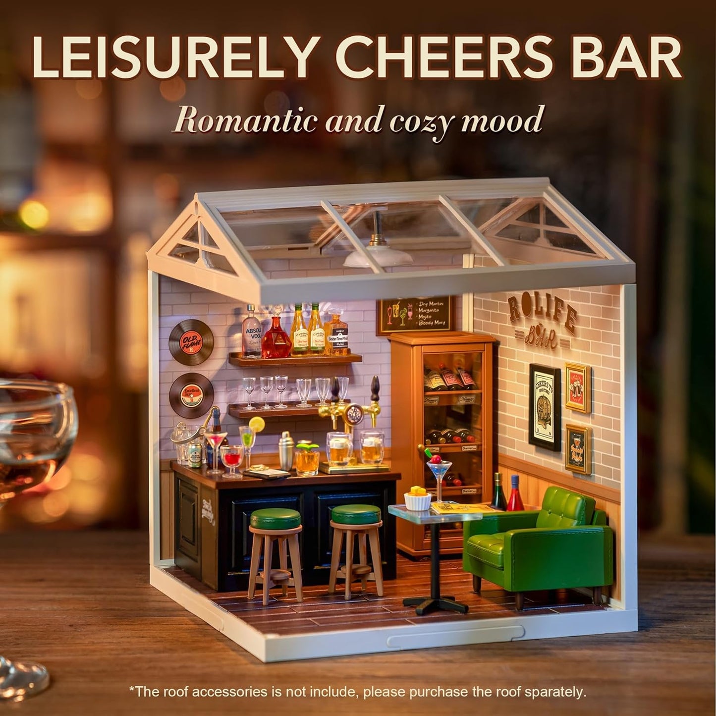 Miniature House Kit DIY Plastic House Building Toy Set with LED Tiny Store Making Kit Model Craft Hobby Unique Gift (Leisurely Cheers Bar)
