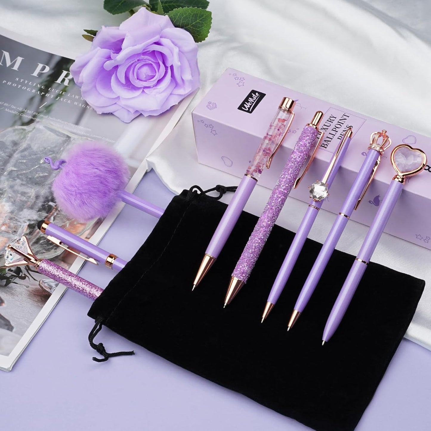 8Pcs Ballpoint Pens Set Purple Pens Set Purple Ballpoint Pen Bling in Black & Blue Ink Metal Crystal Diamond Pen for Journaling Glitter Fancy Pens Gifts for Women Wedding Office