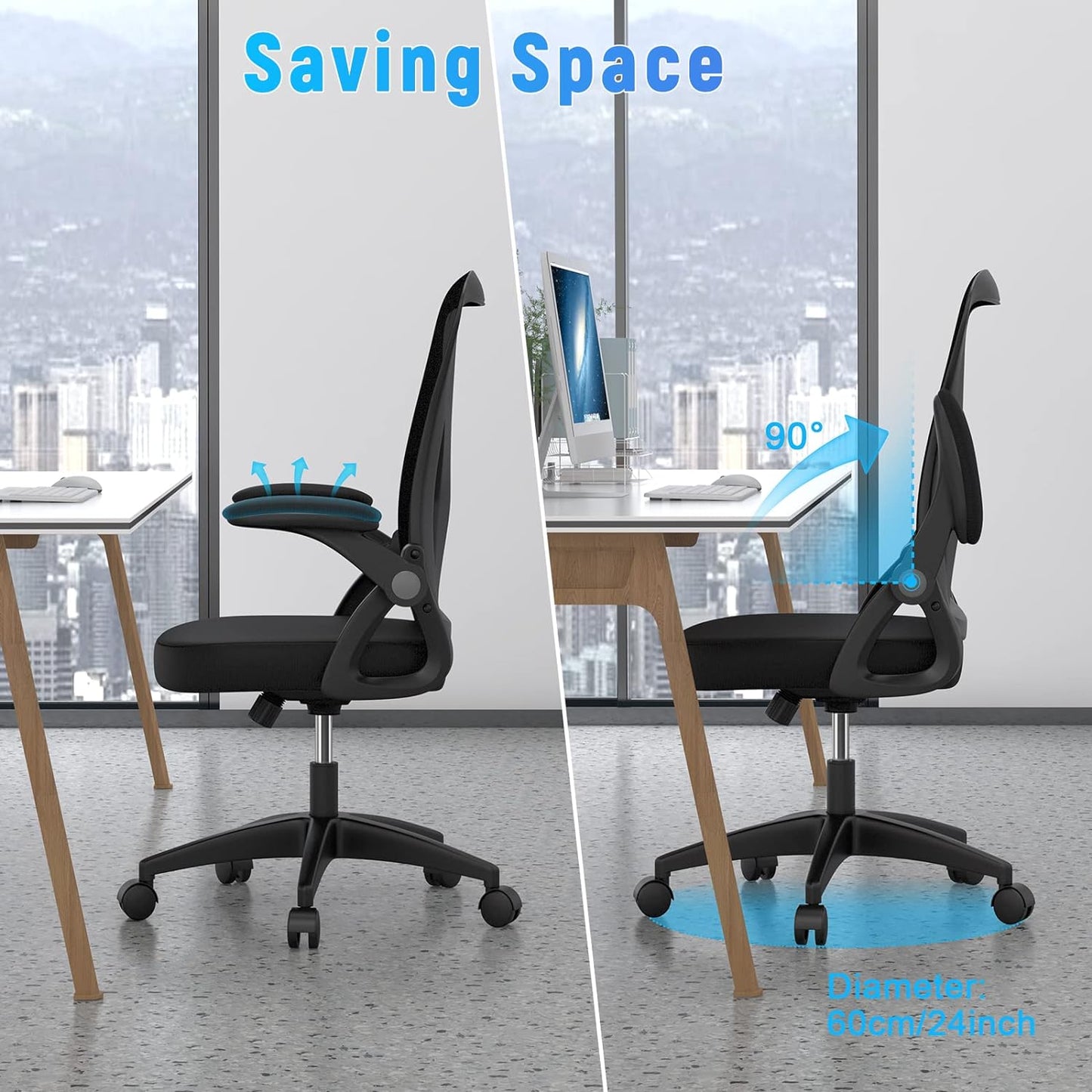 Ergonomic Mid Back Office Chair with Adjustable Height, Flip-Up Arms, and Lumbar Support - Breathable Mesh Design for Home Office and Study, Black