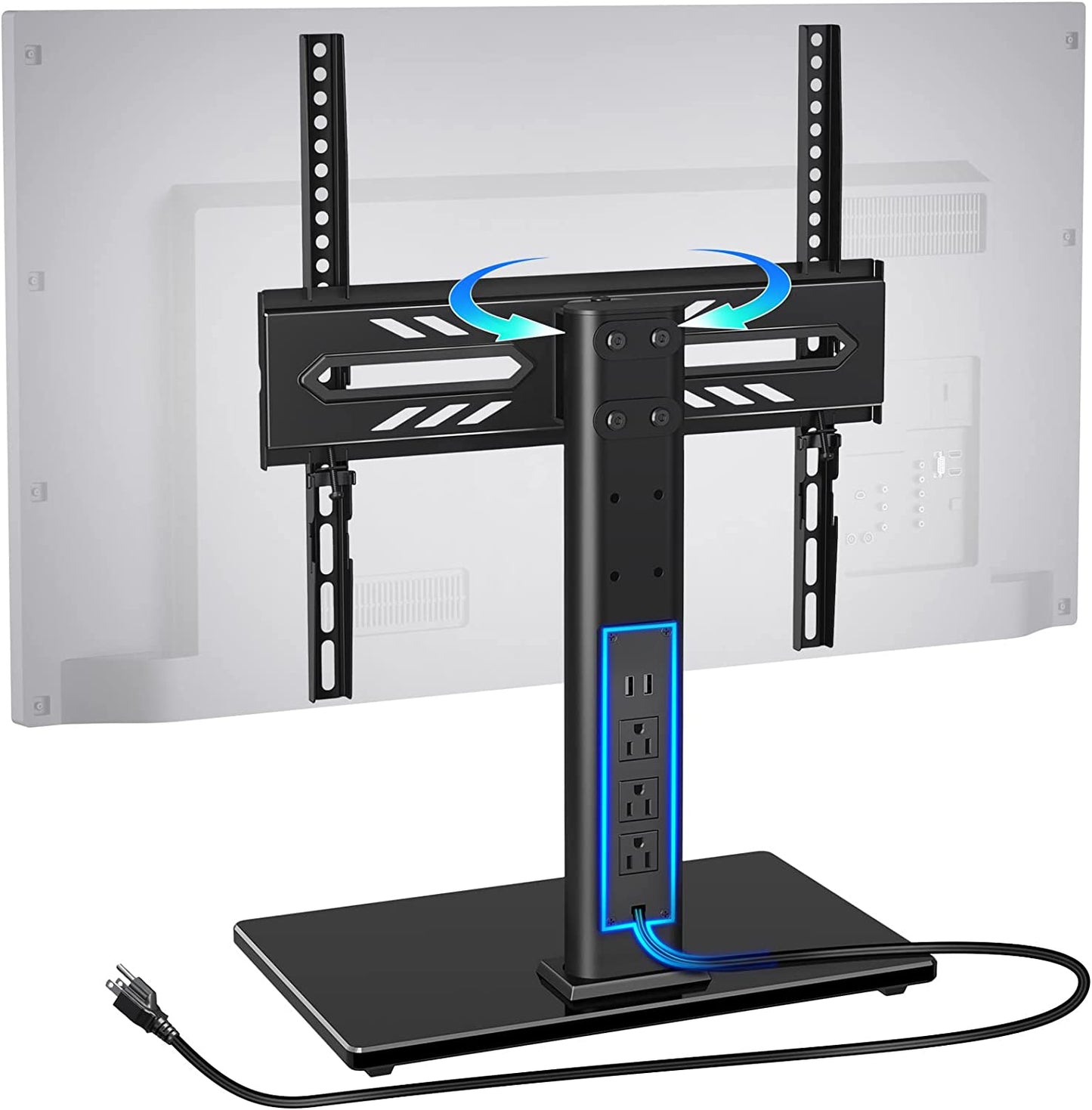 TV Stand with Power Outlet, 88 lbs Adjustable Mount for 27-60 Inch TVs, Swivel Table Top with Tempered Glass Base, , VESA 400x400mm, Black