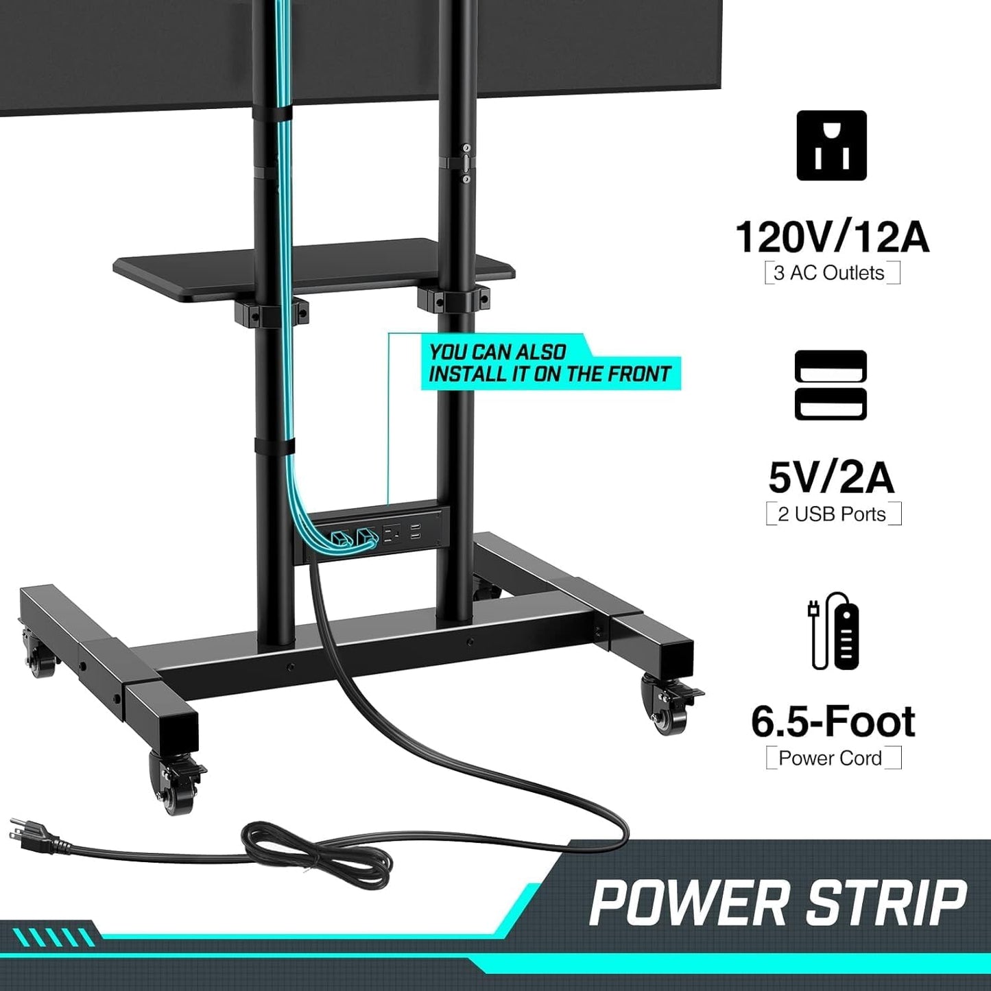 Mobile TV Cart with Power Outlet for 32-85 Inch Flat and Curved Screens Up to 132 lbs, Height Adjustable Rolling Stand with AV Shelf, Max VESA 600x400mm