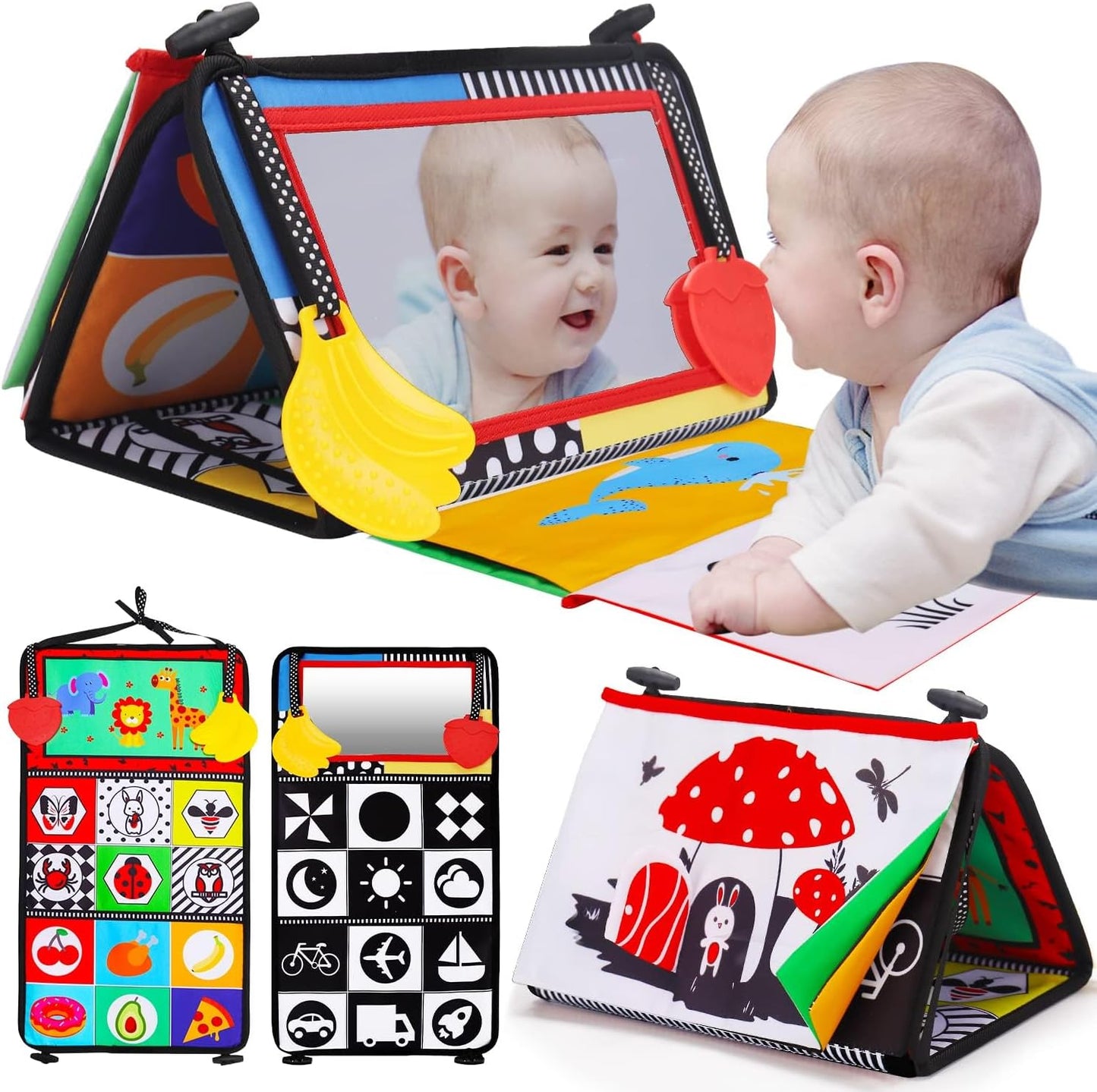 High Contrast Tummy Time Baby Mirror Toy - Montessori Crinkle Mat Cloth Book - Sensory Development Aged 0-12 Months