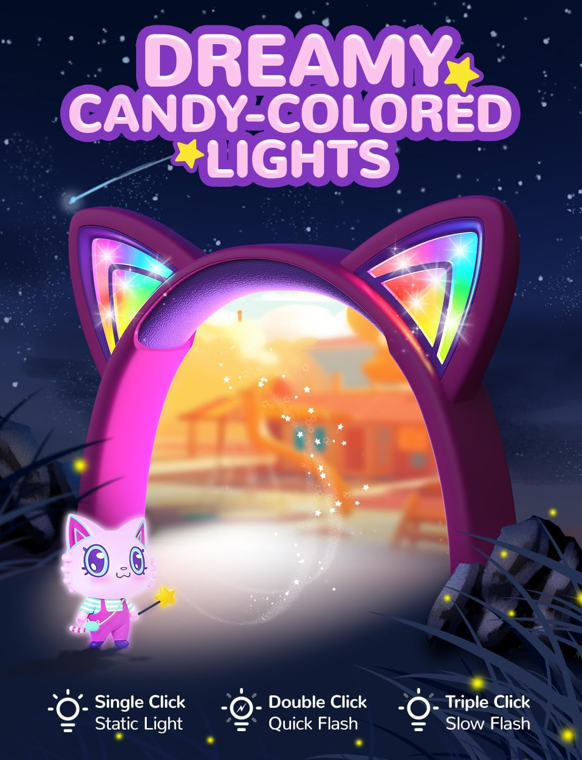 Children's Cat Ear Headphones with LED Lights, 85dBA Volume Limiting, Stereo Sound, Foldable Wired Design for Travel and School, Compatible with iPads and Tablets, Meow Lollipop - Hot Pink