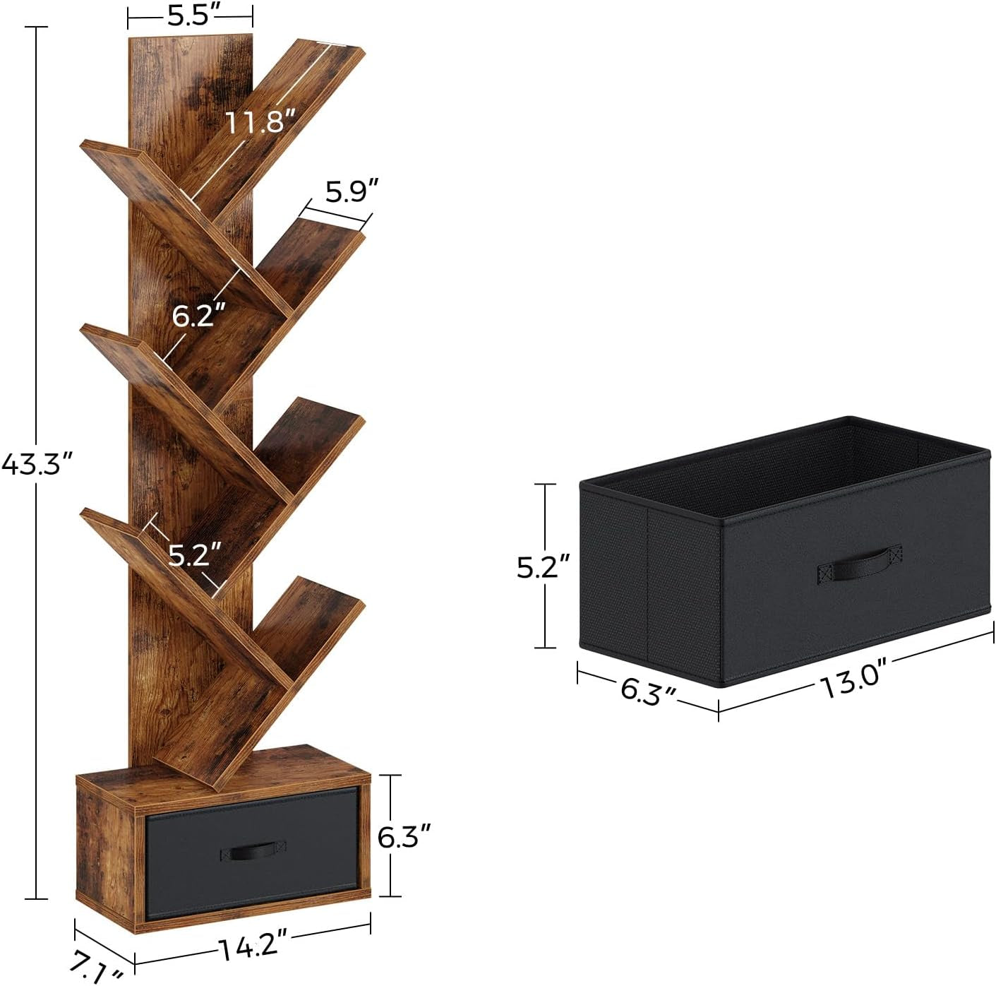 7-Tier Rustic Brown Bookshelf with Drawer, Wooden Storage Rack for CDs, Movies, and Books, Versatile Organizer