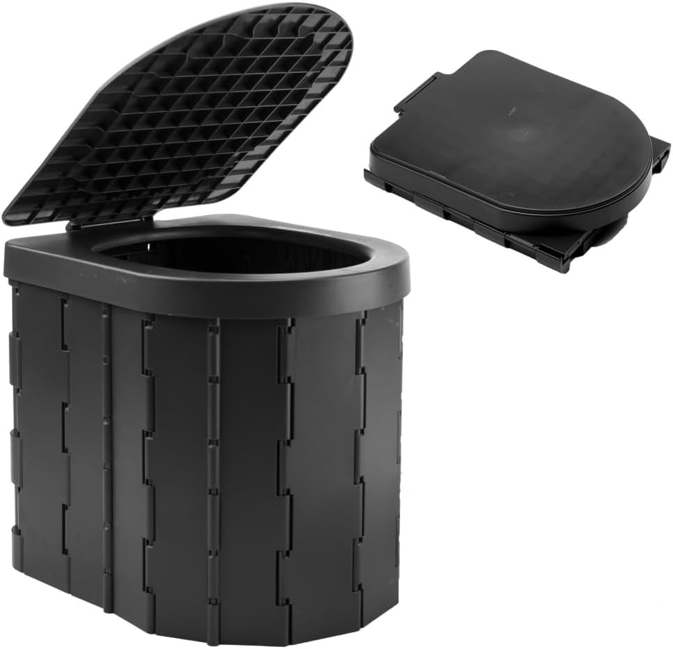 Portable Outdoor Toilet - Collapsible Camping and Fishing Toilet Bucket (Black)