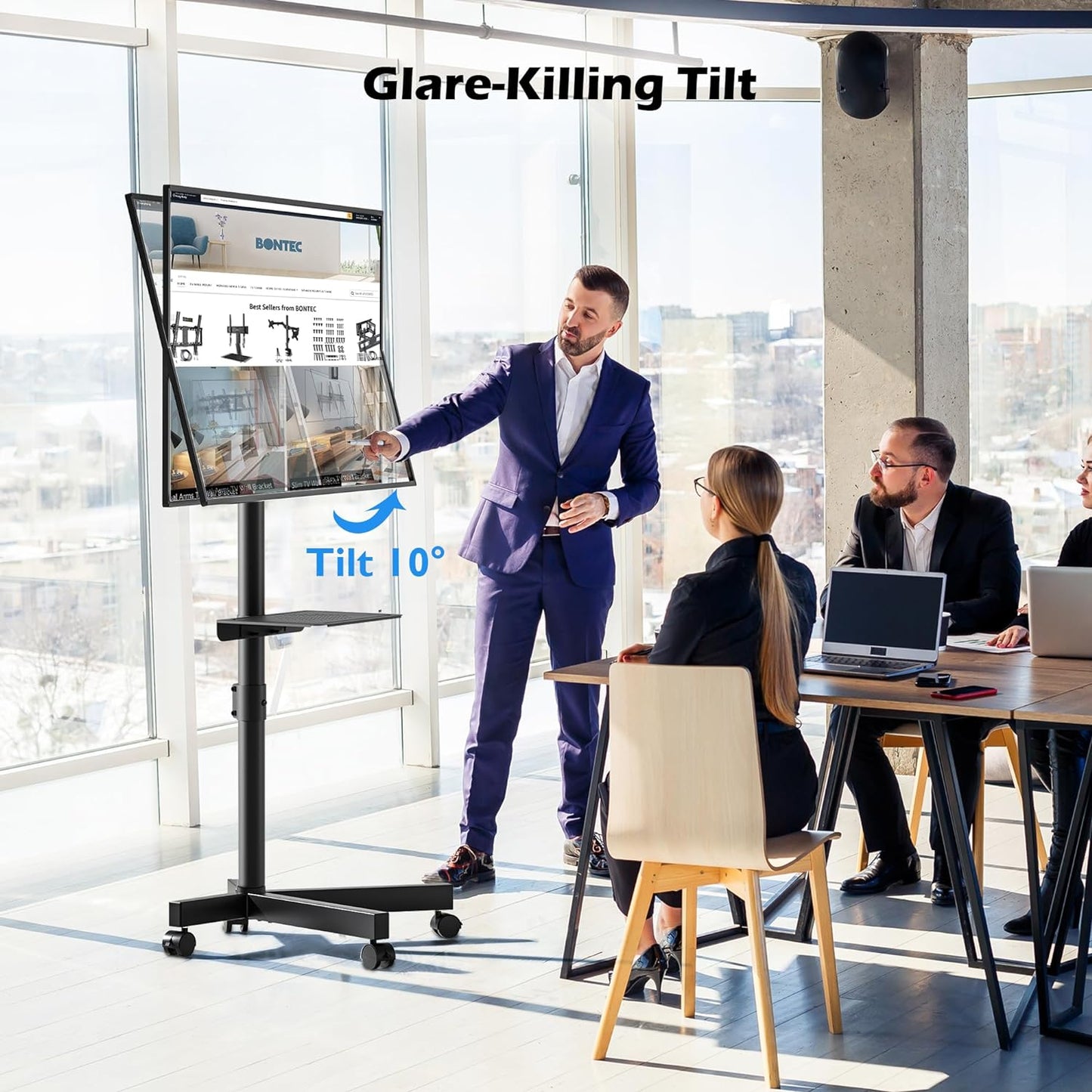 Mobile TV Stand with Adjustable Tilt, Rolling Cart and Media Shelf for 23-60” Flat & Curved TVs, 55 lbs, Max VESA 400x400 mm