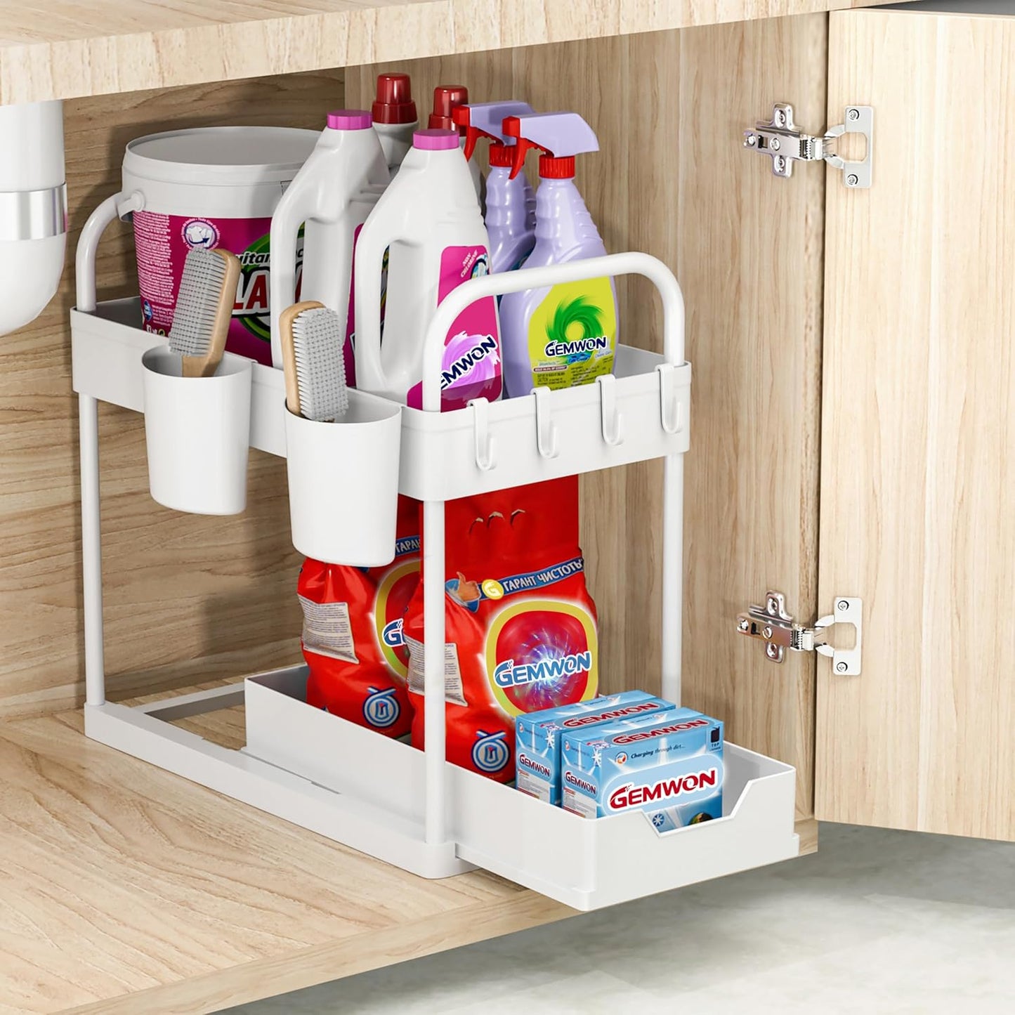 2-Pack 2-Tier Under Sink Organizer with Sliding Design, Hooks, and Hanging Cups for Kitchen and Bathroom Storage - Black