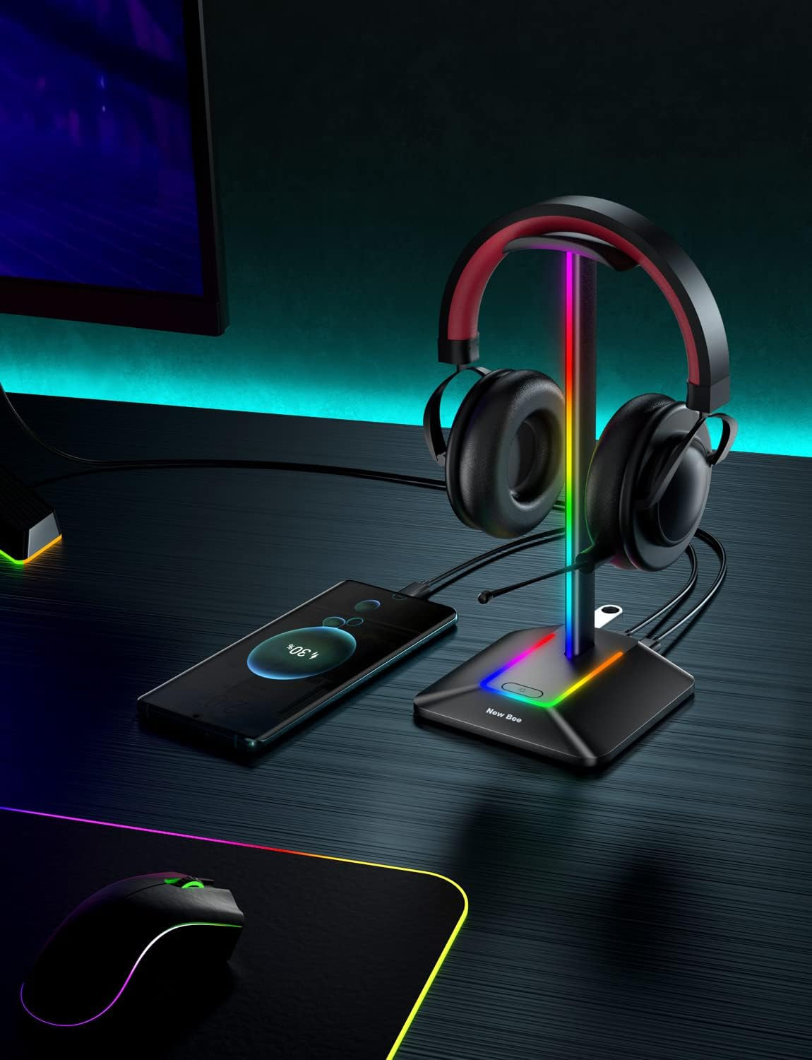 RGB Headphone Stand with Dual USB Charging Ports and 7 Lighting Modes for Gaming Headsets and Earphone Accessories