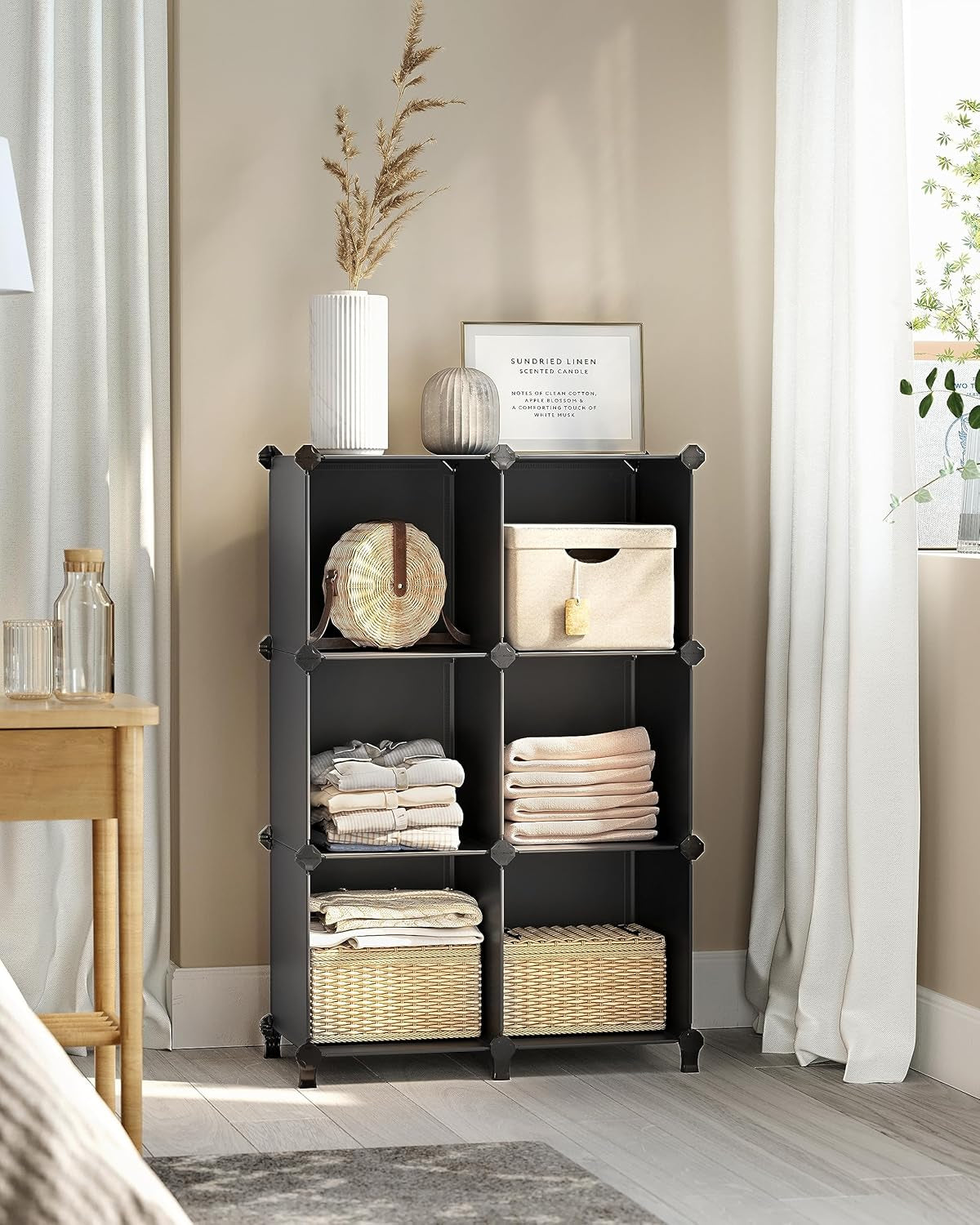 6 Cube Storage Organizer, DIY Closet Shelf, Plastic Clothes Organizer, Modular, 11.8 X 11.8 X 11.8 Inch Cubes, with Feet and Rubber Mallet, Black