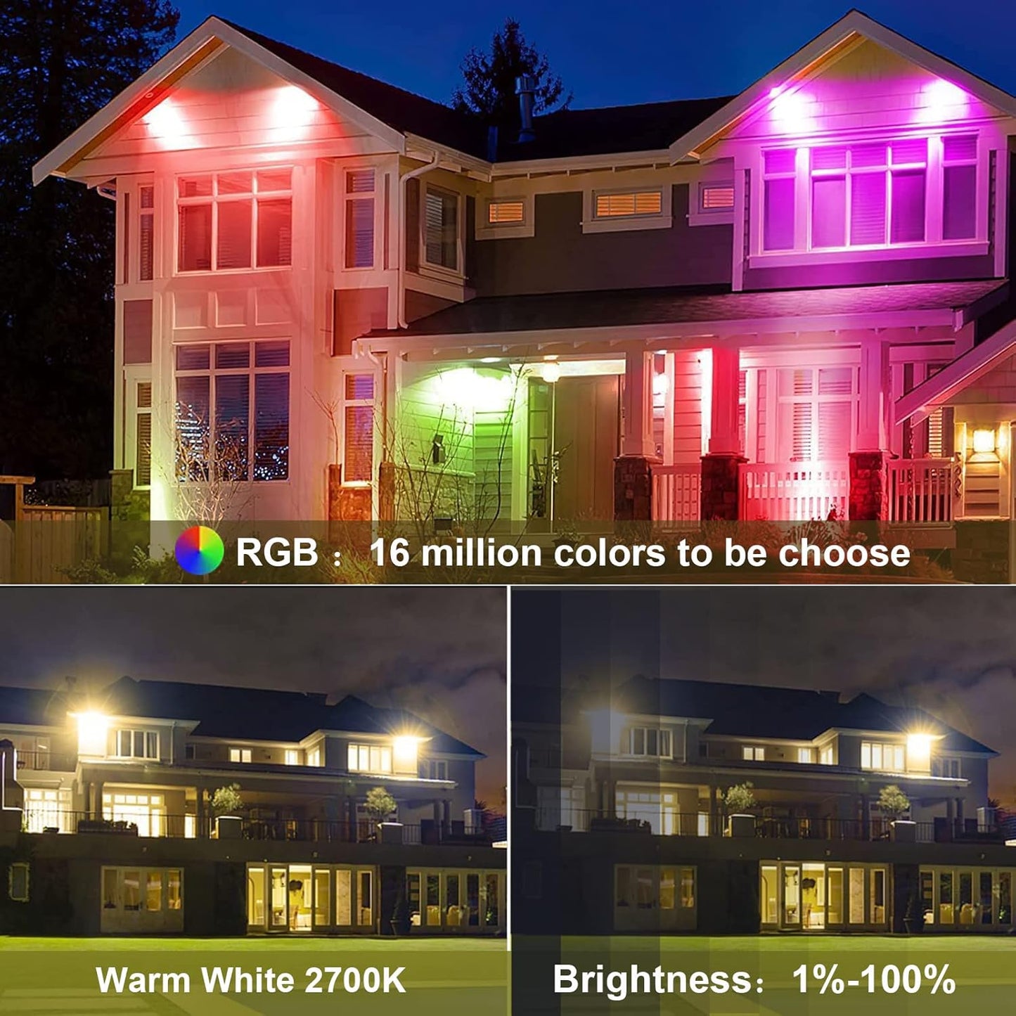 80W Bluetooth RGB Color Changing LED Flood Lights - 800W Equivalent, IP66 Waterproof, APP Group Control, 2700K Warm White & 16 Million Colors, 23 Modes, US 3-Plug (4 Pack)