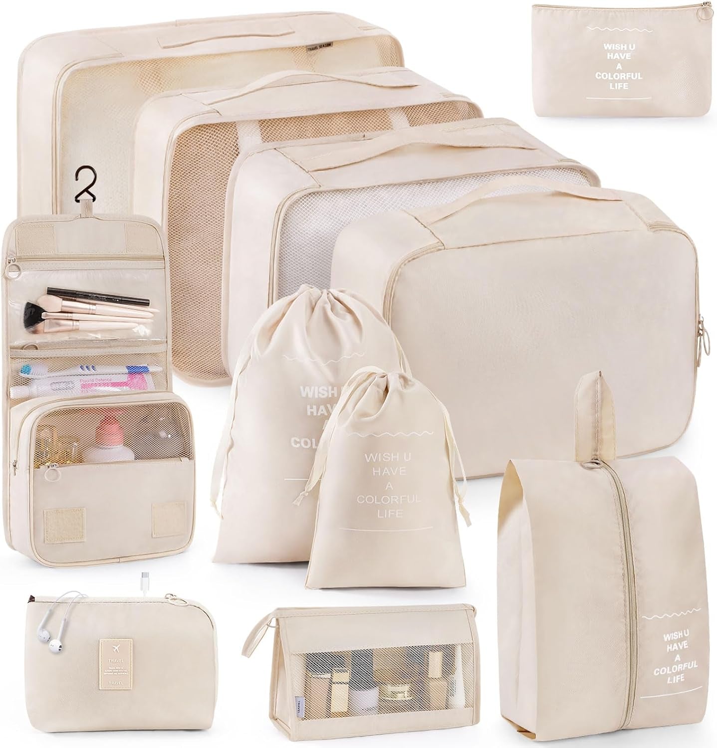 11-Piece Packing Cube Set for Travel - Space-Saving, Water-Resistant Luggage Organizers in Beige