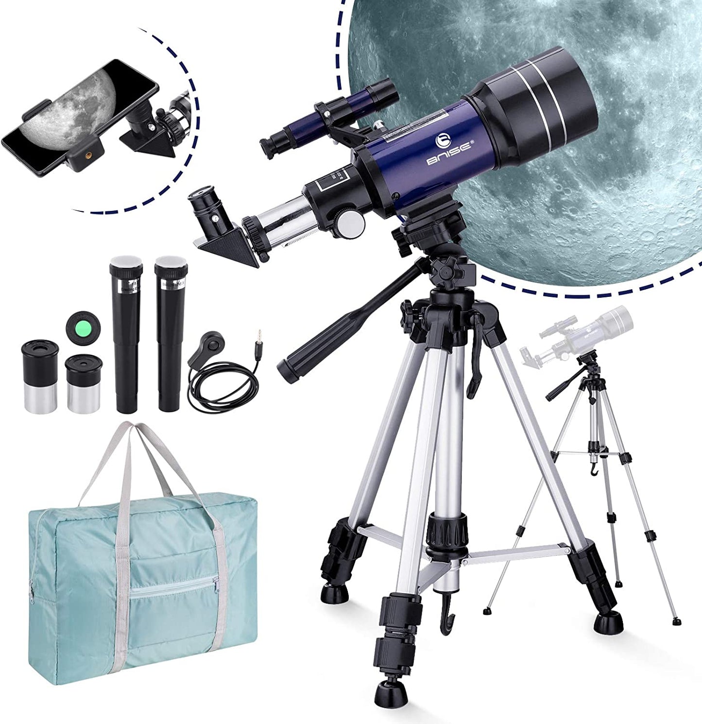 Astronomy Telescope for Kids and Beginners - 150X Magnification, 70mm Aperture, 300mm Refractor - Adapter, Shutter, Filter, Case.