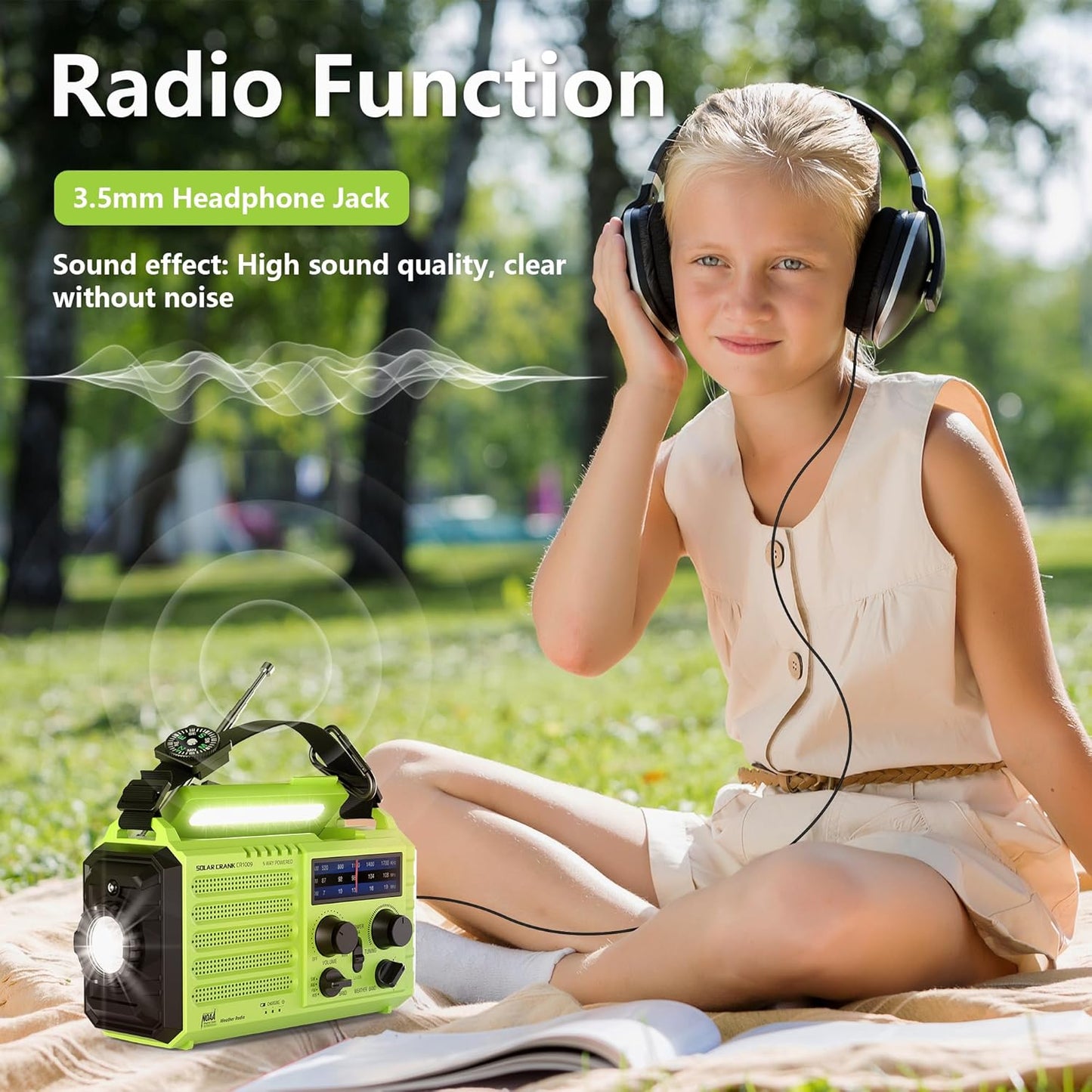 5-Way Powered Emergency Weather Radio Solar Charging, Hand Crank, USB Charger - 5000 Rechargeable, Radio, SOS Alarm, LED Camping Flashlight, Reading Lamp, Headphone Jack, Compass