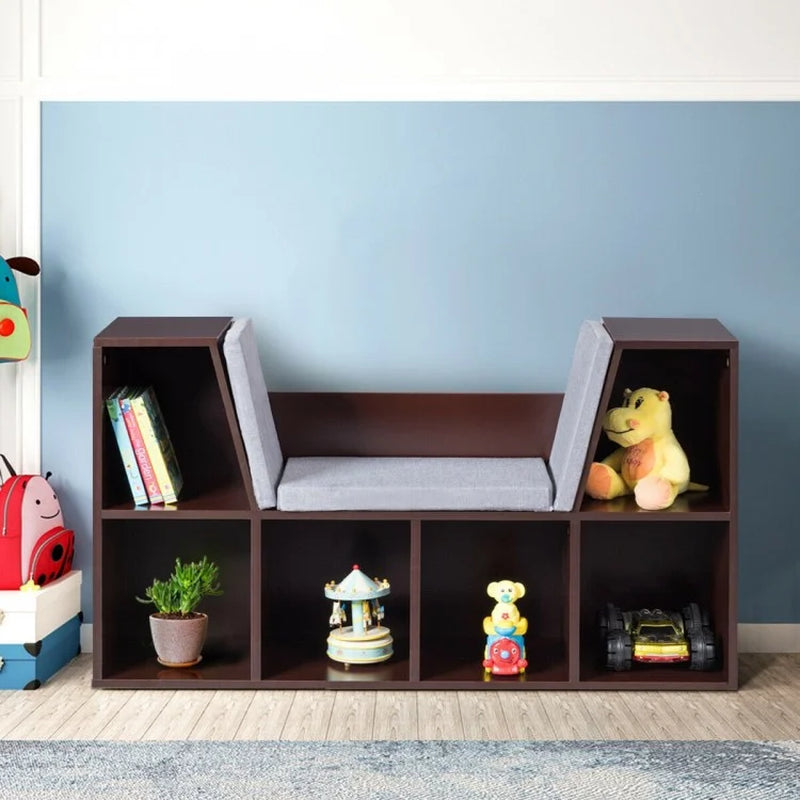 6-Cubby Children's Storage Bookcase with Integrated Cushioned Reading Nook