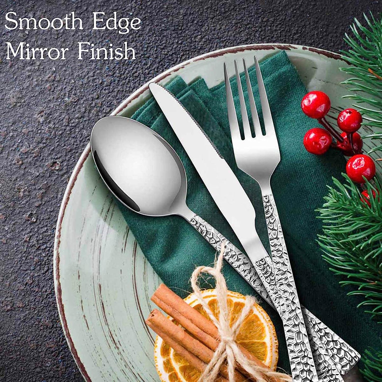 40-Piece Hammered Stainless Steel Flatware Set for 8 - Modern Square Design Cutlery with Dinner Knives, Forks, and Spoons - Mirror Polished