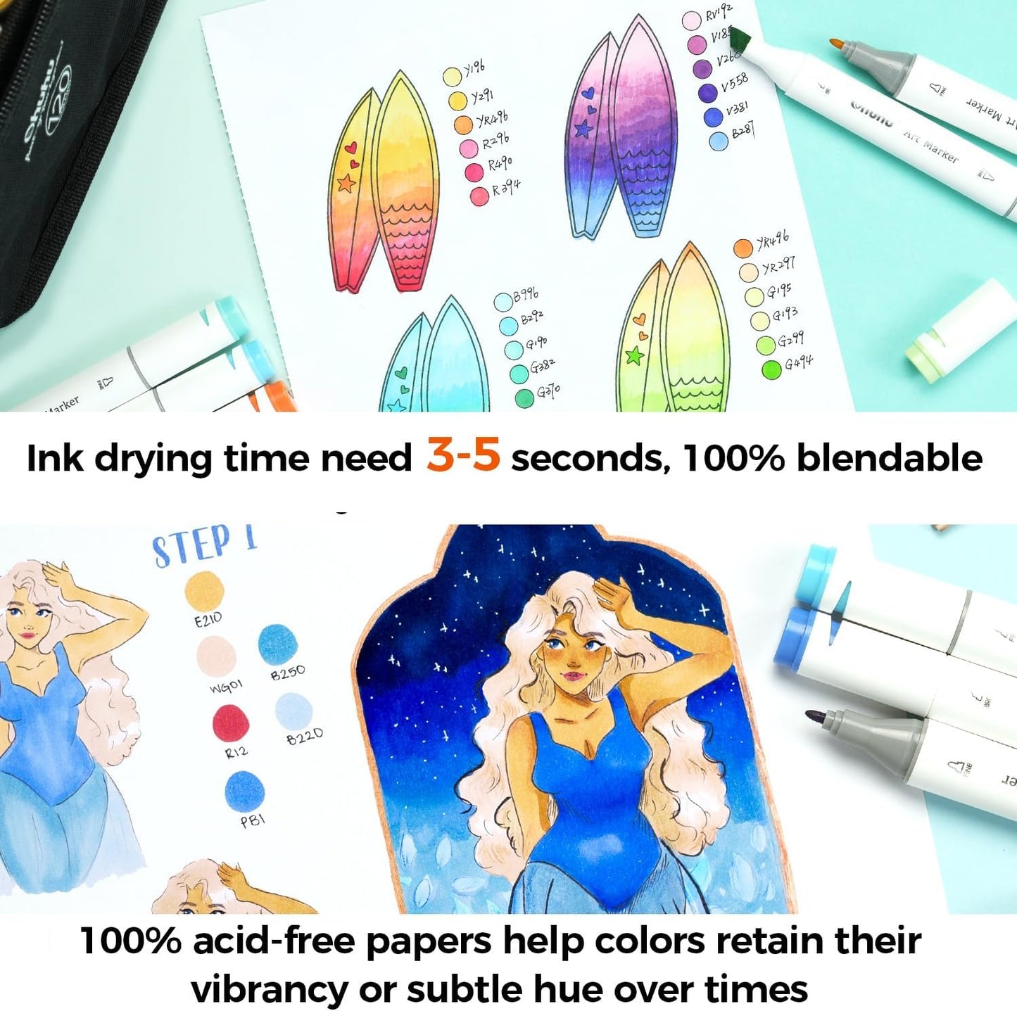 Double-Sided Marker Pads Art Sketchbook - 7.6" x 10" Large Format - 90LB/150GSM Smooth Bleedproof Paper - 60 Sheets/120 Pages