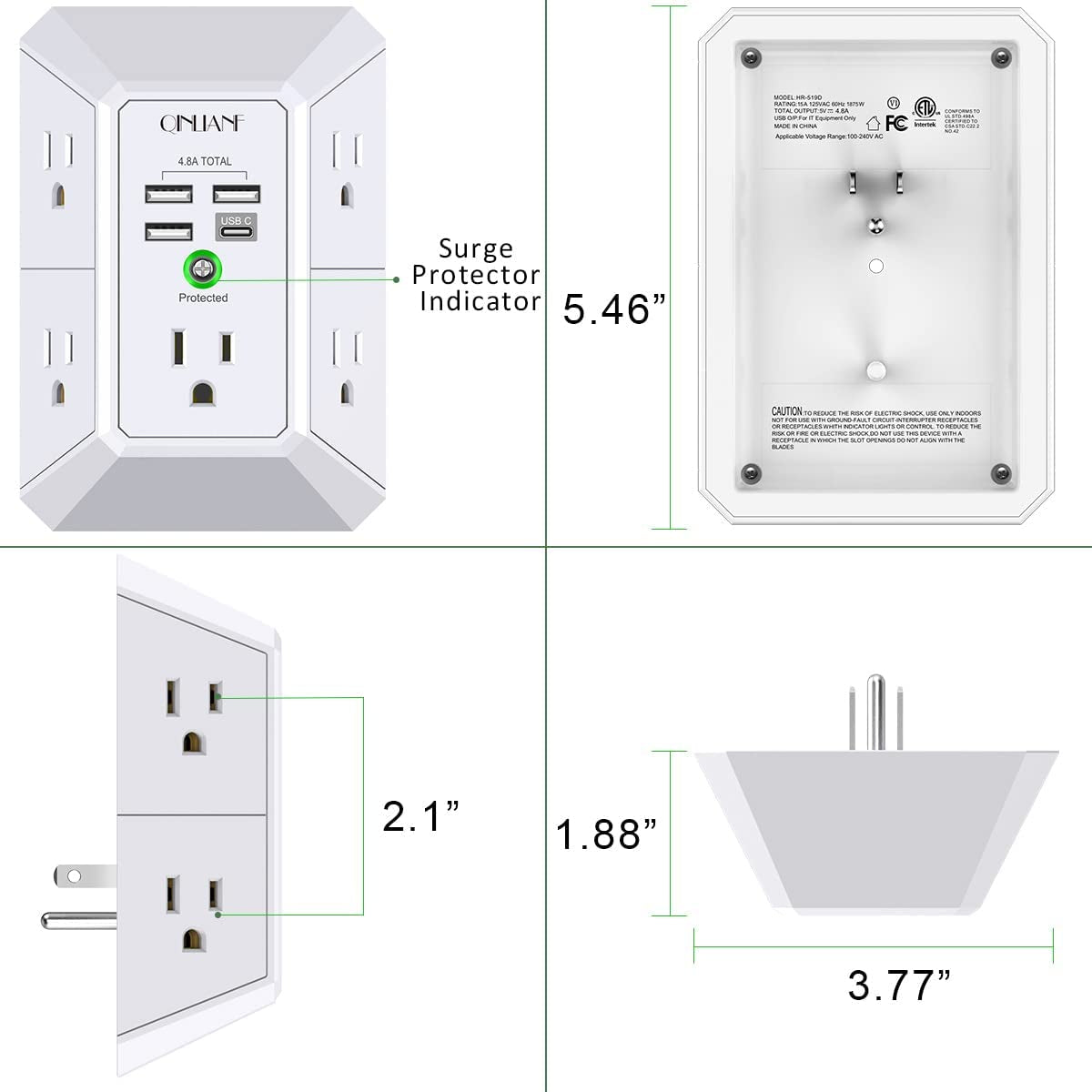 Wall Charger and Surge Protector, 5-Outlet Extender with 4 USB Charging Ports (4.8A Total), 3-Sided Power Strip with 1680J Surge Protection