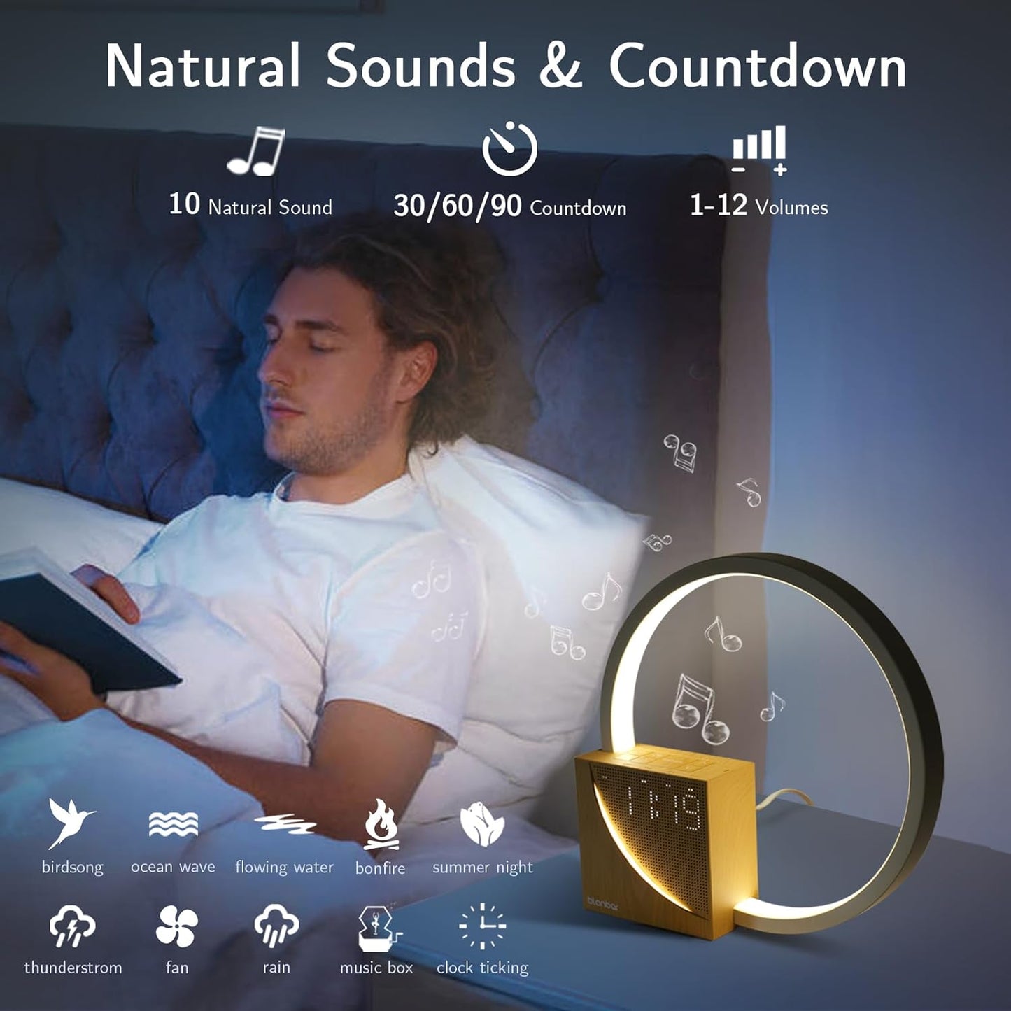 Sunrise Alarm Clock Bedside Lamp with Touch Control, 10 Natural Sounds, and Adjustable Brightness for Bedroom and Living Room