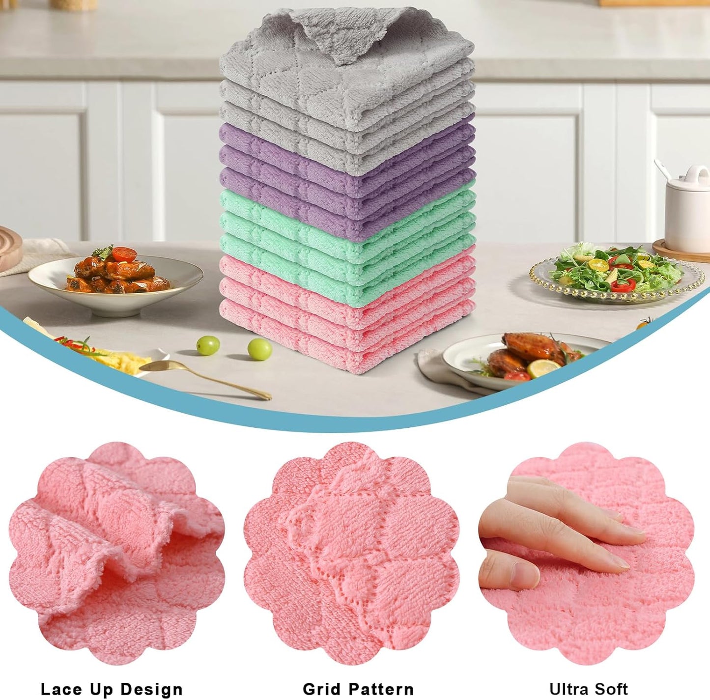 Microfiber Cleaning Cloths - 12 Pack, Ultra Soft & Absorbent Kitchen Towels, 10" x 10", Lint-Free Reusable Cloths