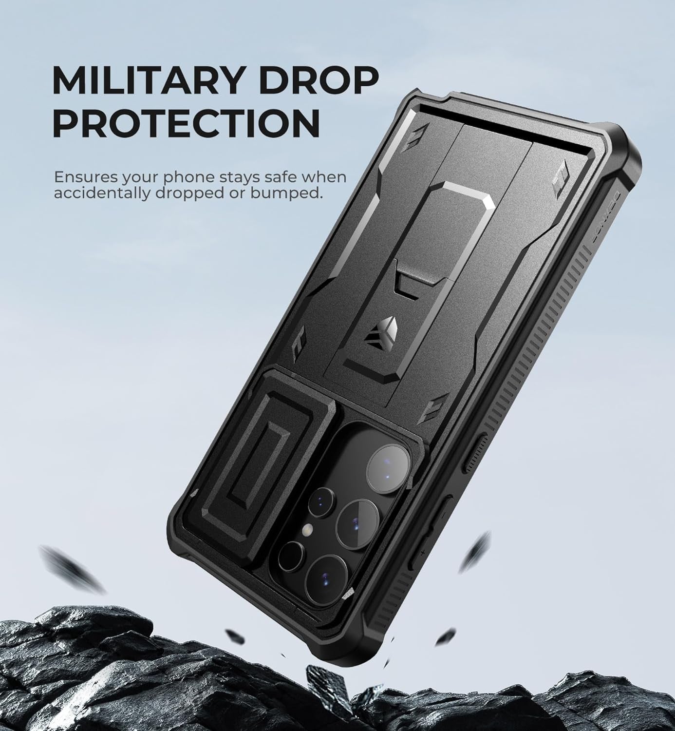 Samsung Galaxy S24 Ultra Heavy-Duty Rugged Case with Built-In Slide Camera Cover, Screen Protector, and Kickstand - Black