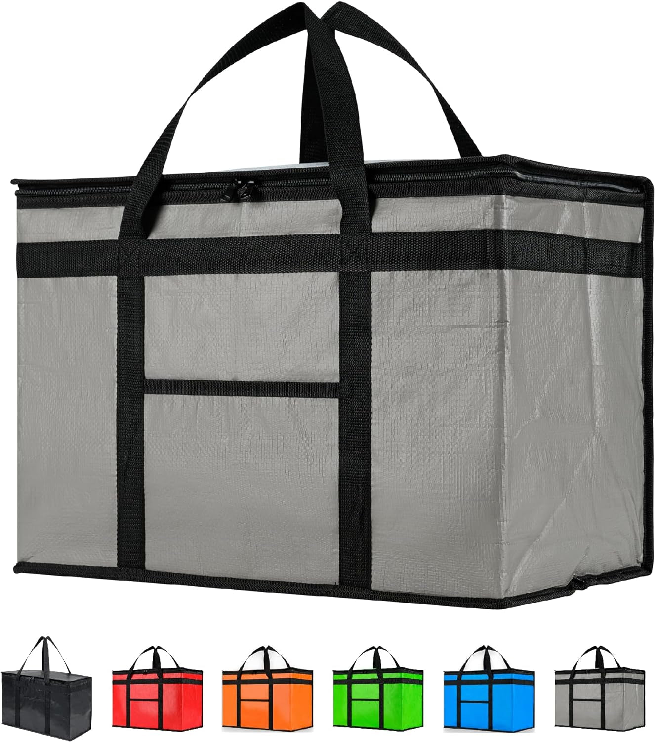 XXL Insulated Cooler Bag and Food Warmer for Food Delivery and Grocery Shopping, Black, Zippered Top (1 Pack)