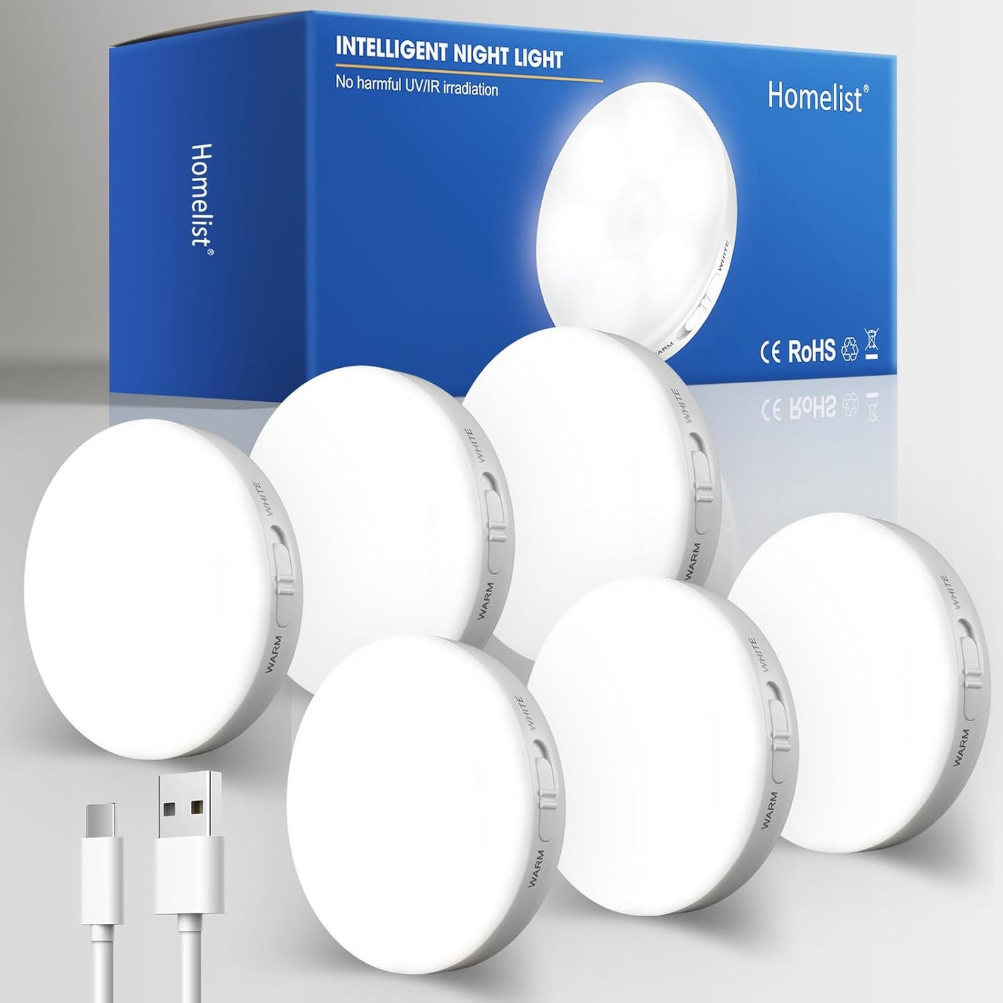 Motion Sensor Lights Indoor, 6 Packs under Cabinet Lighting Wireless Rechargeable, 12 LED Battery Operated Closet Lights, Magnetic Puck Night Lights for Kitchen Stair Wall, Warm/White