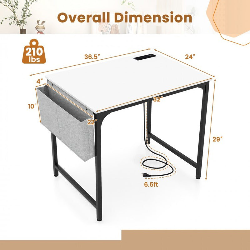 32-Inch Home Office Desk with Integrated Charging Station, Storage Bag, and Headphone Hook