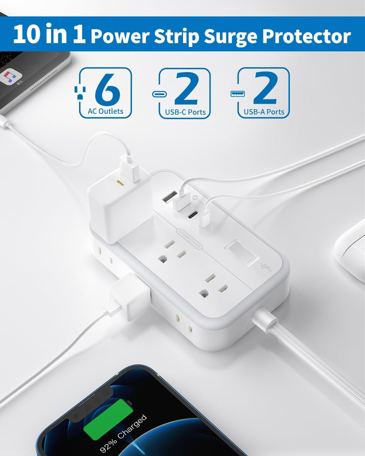 Flat Plug Surge Protector Power Strip - 6 Outlets and 4 USB Ports (2 USB-C), 5 Ft Flat Extension Cord for Home, Office, Dorm Room Use