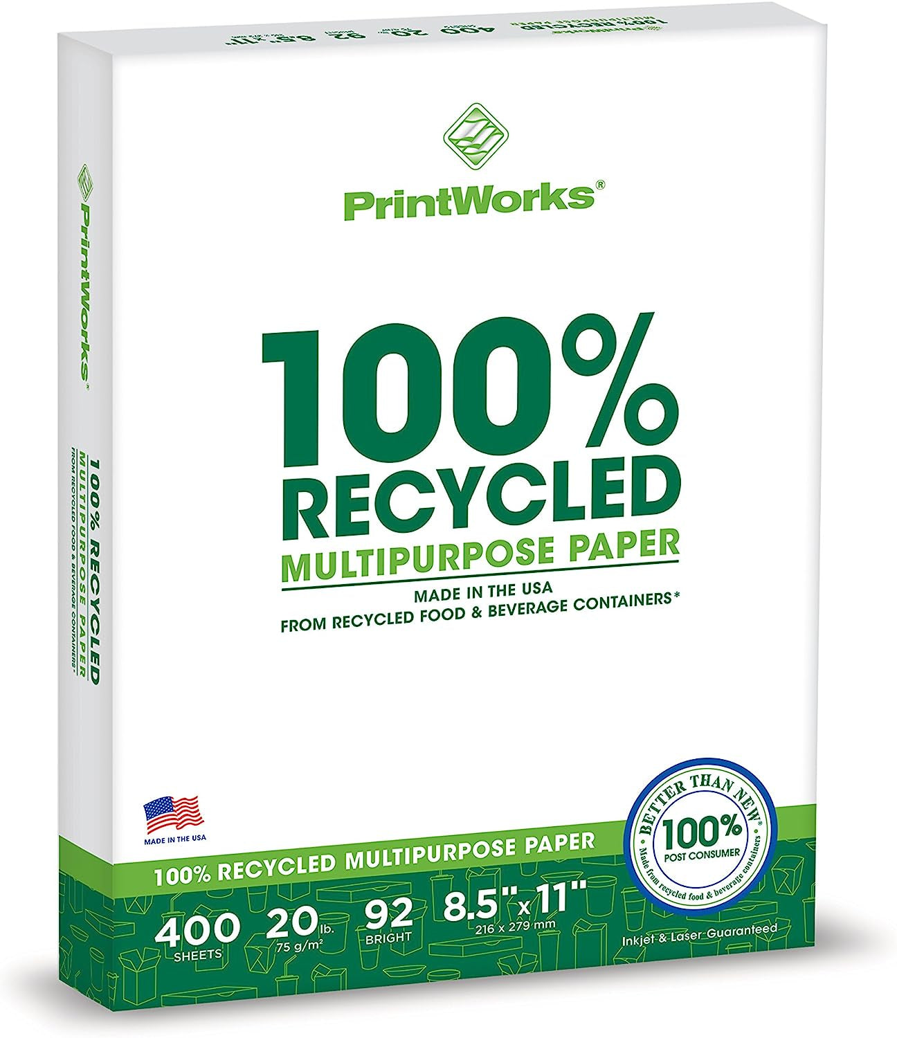 100% Recycled Multipurpose Paper, 20 lb, 92 Brightness, 400 Sheets, 8.5 x 11 Inches