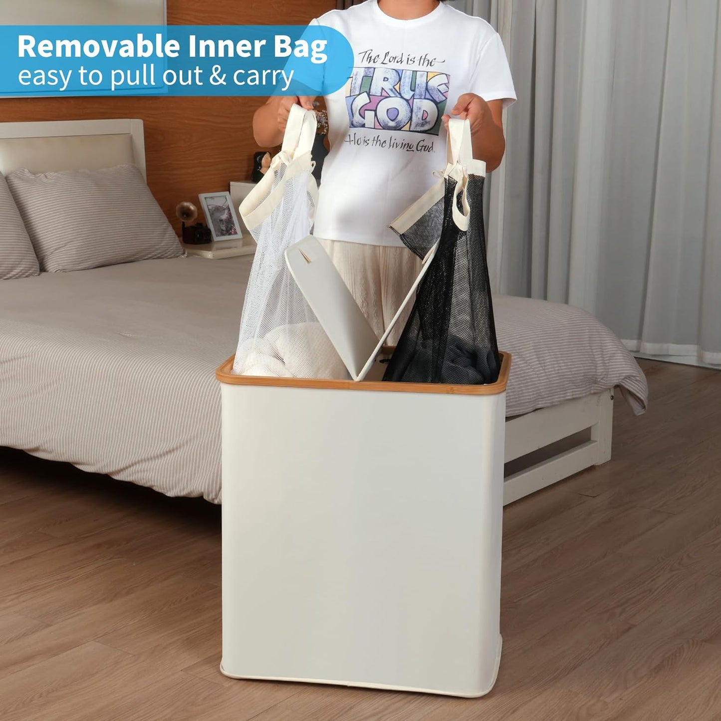 Laundry Hamper with Lid, Double Laundry Hamper with 2 Removable Bags, 2 Section Laundry Basket with Bamboo Handles for Bathroom, Bedroom & Laundry Room, 140L (36.9 Gallon) Beige