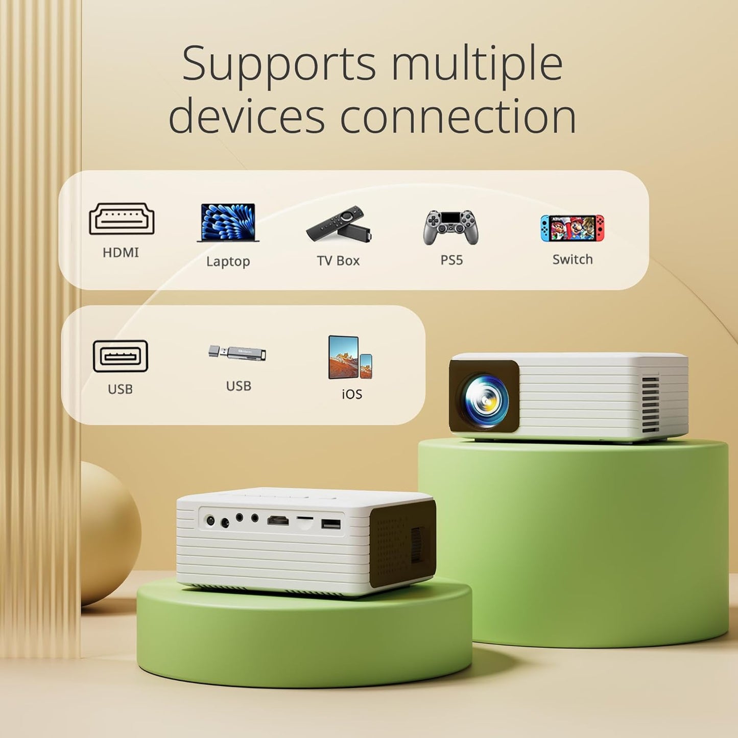 Mini Portable 1080P Full HD Projector - Outdoor Home Theater Compatible with Fire Stick, HDMI, USB, PS5, Xbox, iOS, Android, Laptop