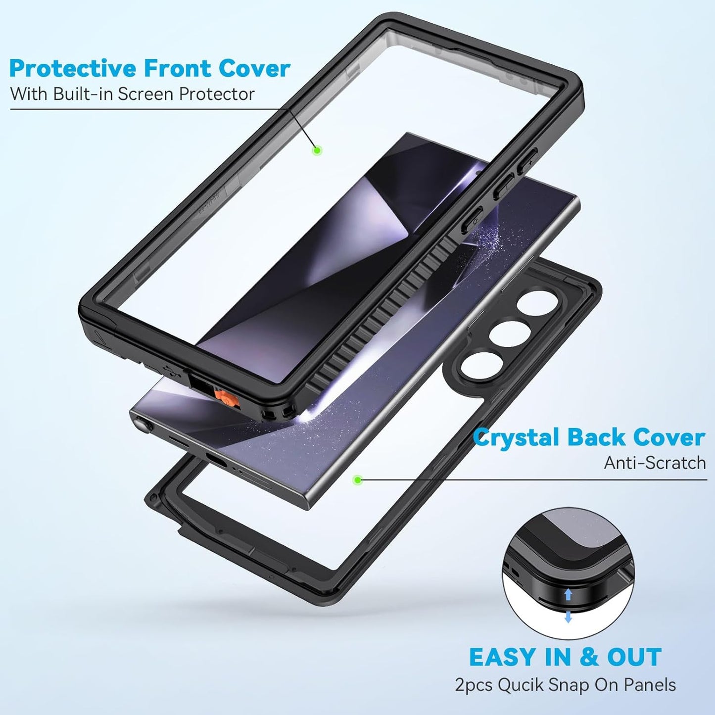 Samsung Galaxy S24 Ultra Case - IP68 Waterproof, Dustproof, Shockproof Protection with Built-In Lens - Screen Protector (Black)