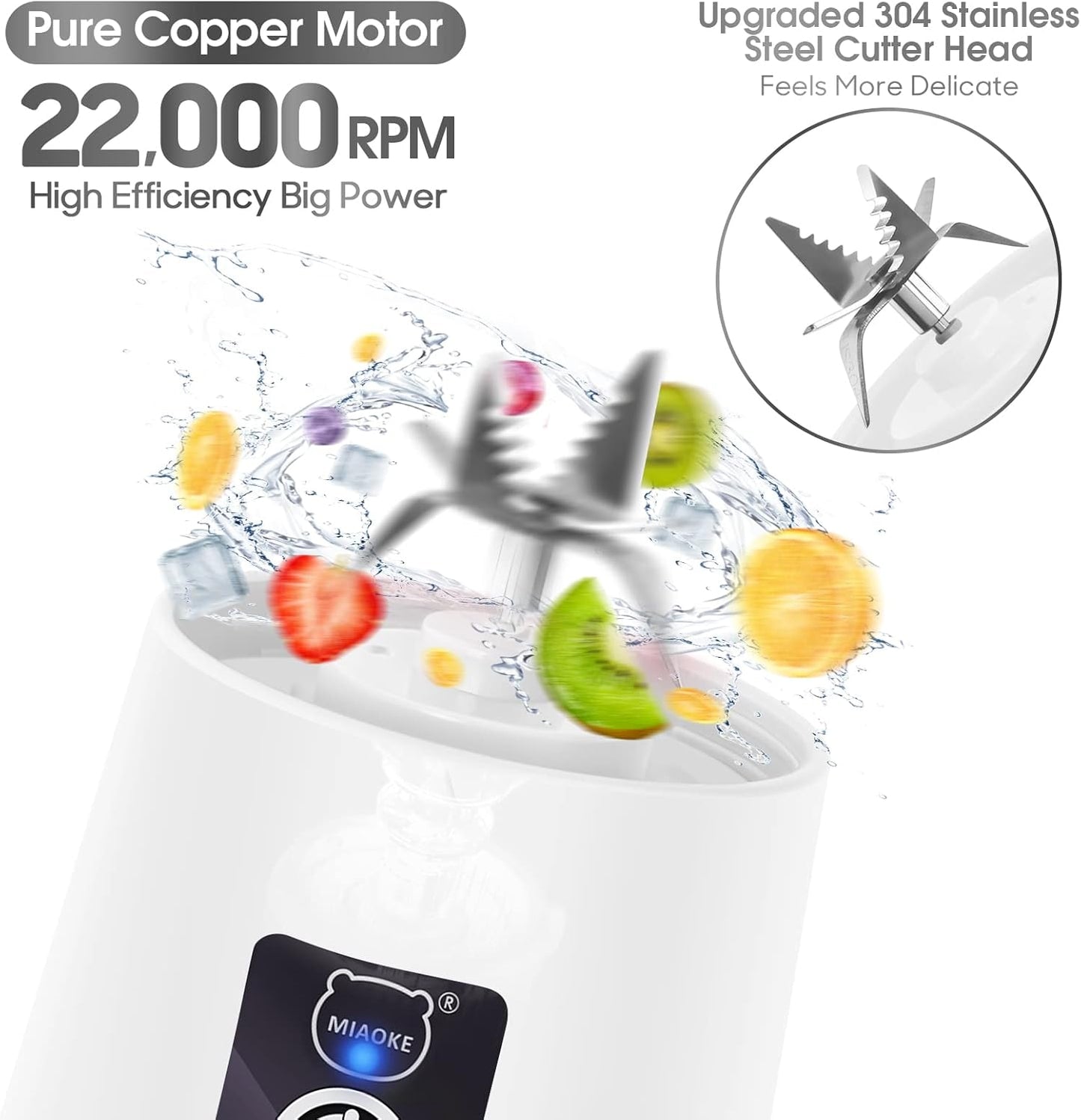 Portable USB Rechargeable Personal Blender with 3D Six-Blade Technology for Smoothies - White