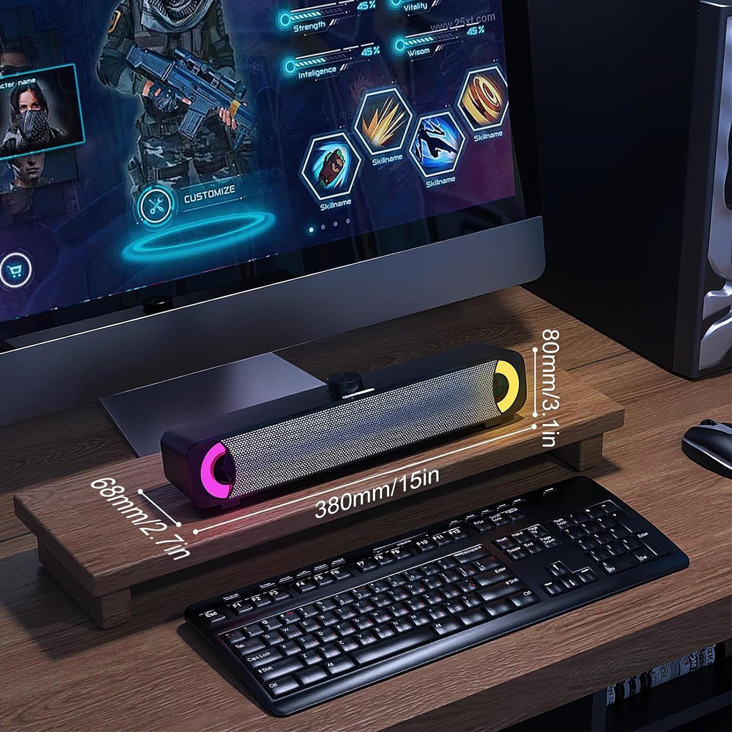 Wired USB Computer Speakers with RGB Lighting - External Sound Bar for Desktop and Laptop with 3.5mm AUX Connection, Plug and Play