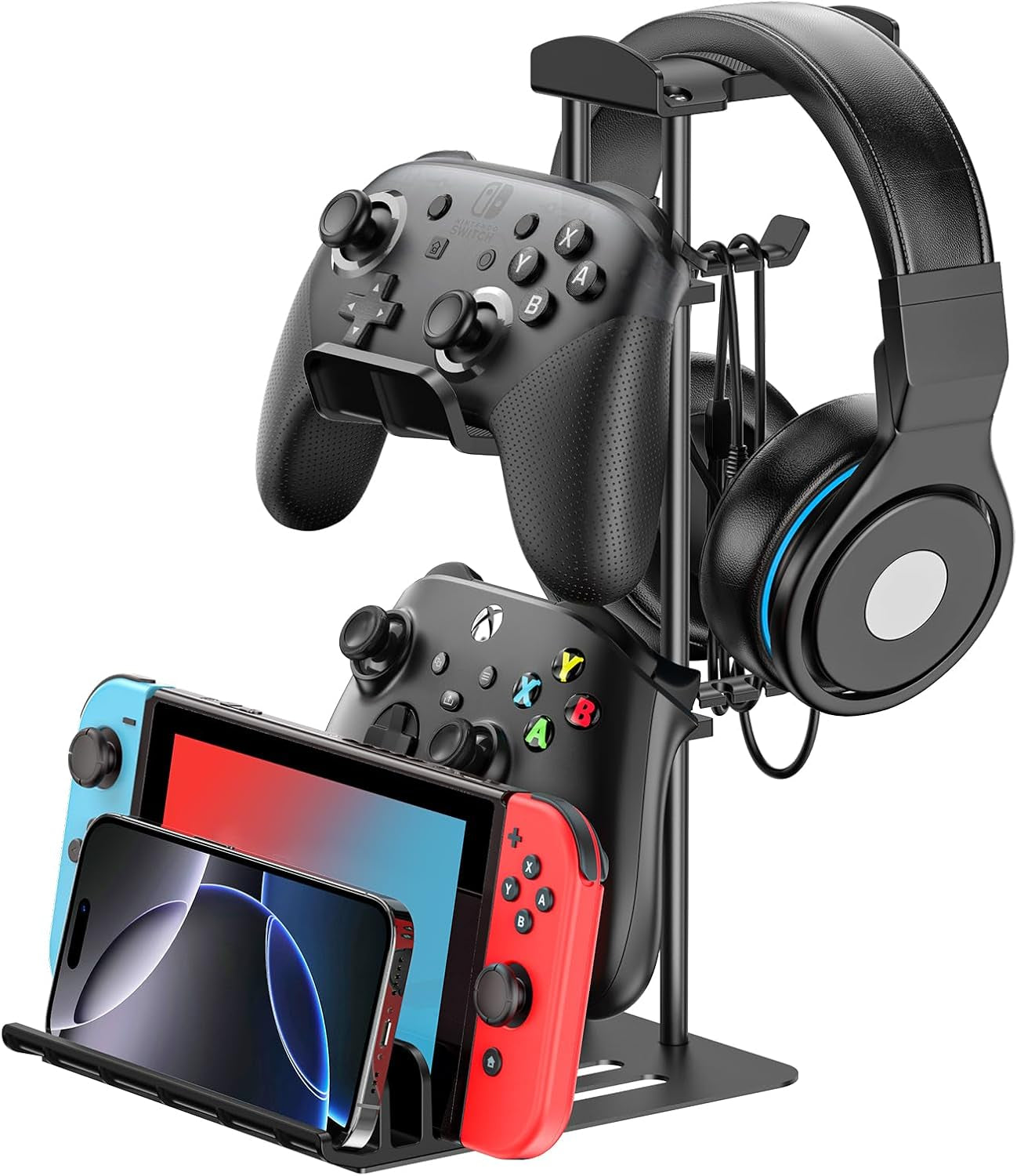 Premium Headphone and Game Controller Stand with Aluminum Support Bar - Universal Organizer for Headphones, Controllers, Switch, iPad, and Mobile Phones
