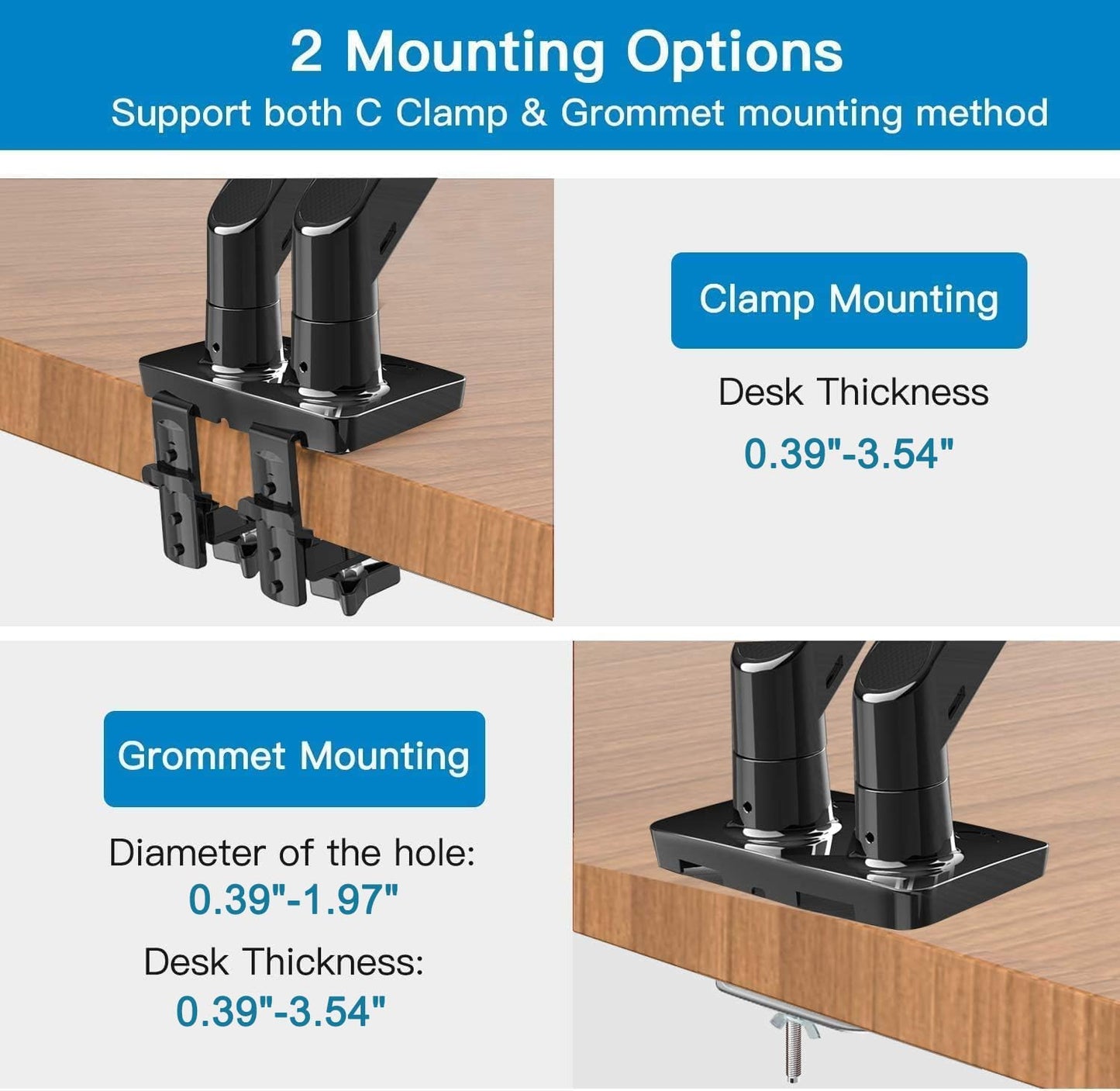 Dual Monitor Arm for 13 to 35 Inch, Height Adjustable Monitor Desk Mount - 2 Computer Screens, Gas Spring Dual Monitor Stand, Clamp/Grommet Base, Each Monitor Arm Hold up to 26.4 Lbs