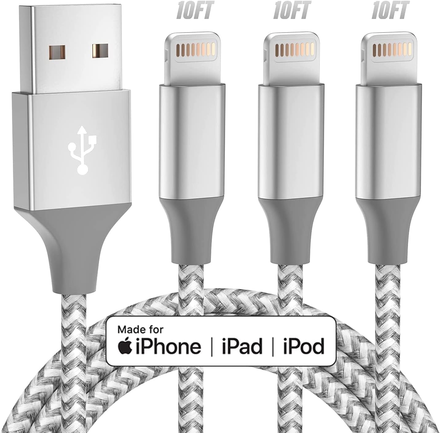 Apple MFi Certified 3-Pack 10FT Lightning Cable - Fast Charging, High-Speed Data Sync USB Cable Compatible with iPhone(Grey/White)