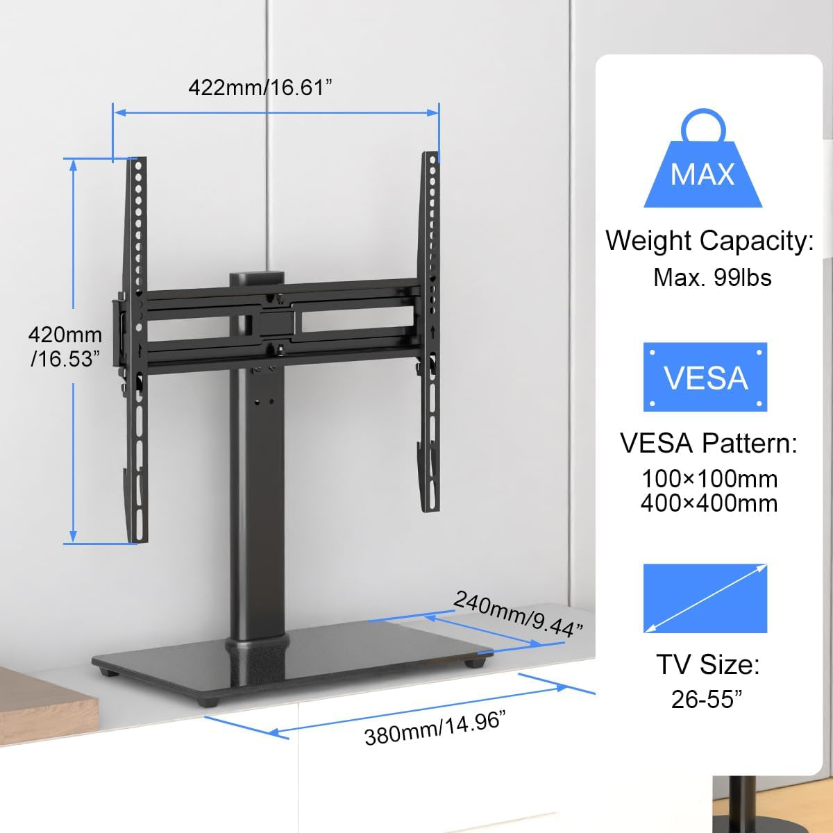 Universal Height Adjustable Swivel TV Stand for 26-55 Inch TV Screens, Glass Base, Supports Up to 99 lbs, Max VESA 400x400 mm